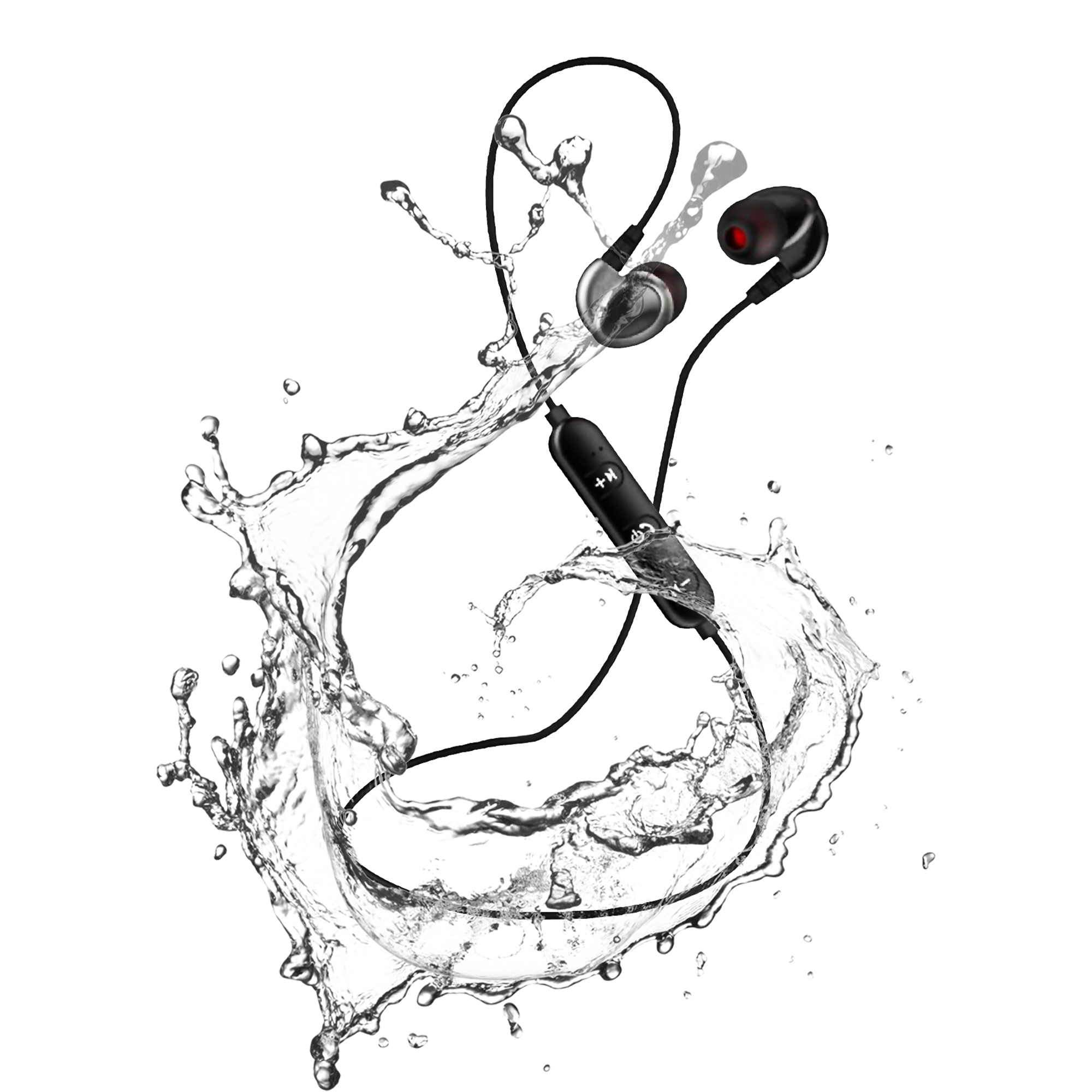 Auricolari wireless neri con effetto splash d'acqua. Gli auricolari sono collegati da un cavo nero.