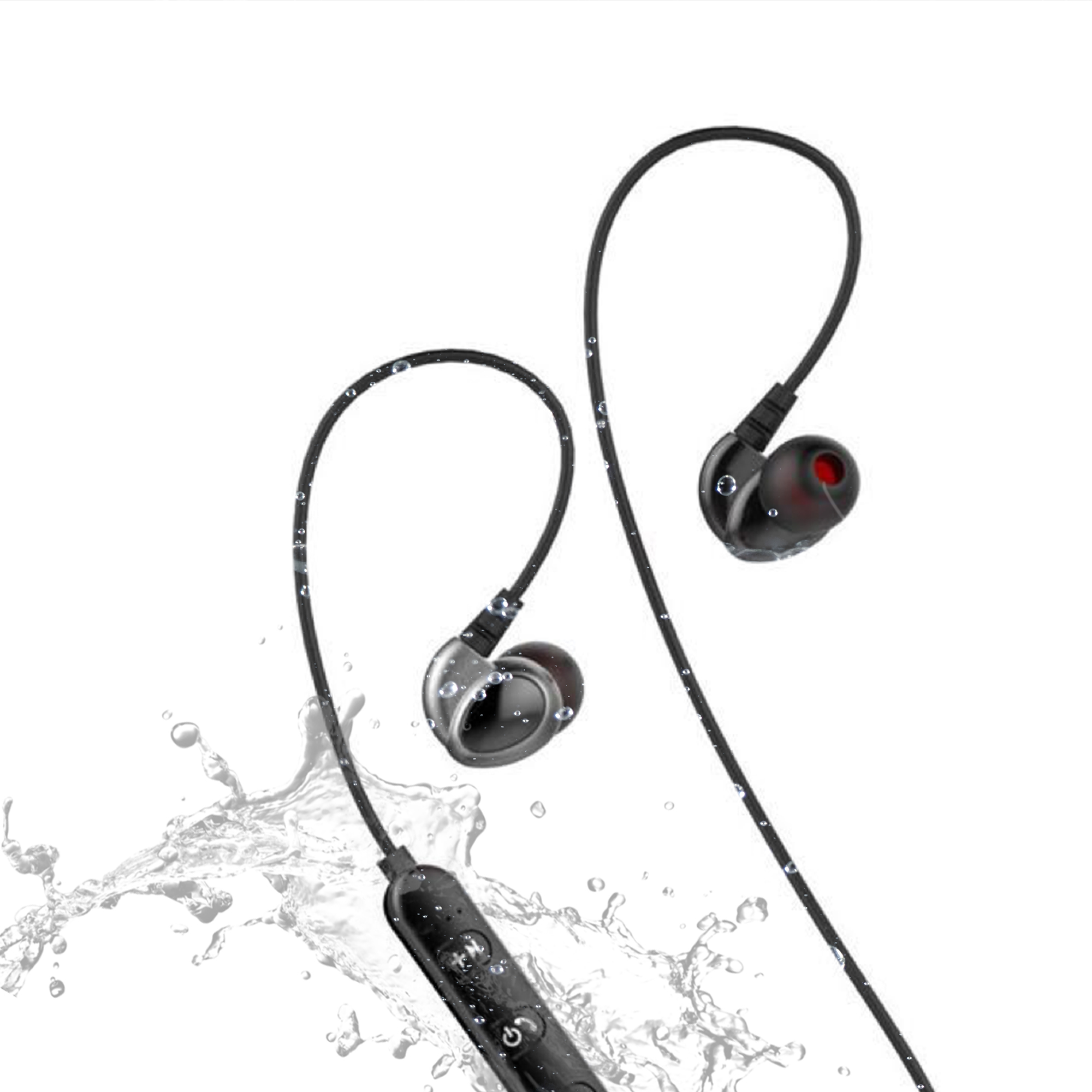 Auricolari neri con schizzi d'acqua su sfondo bianco.