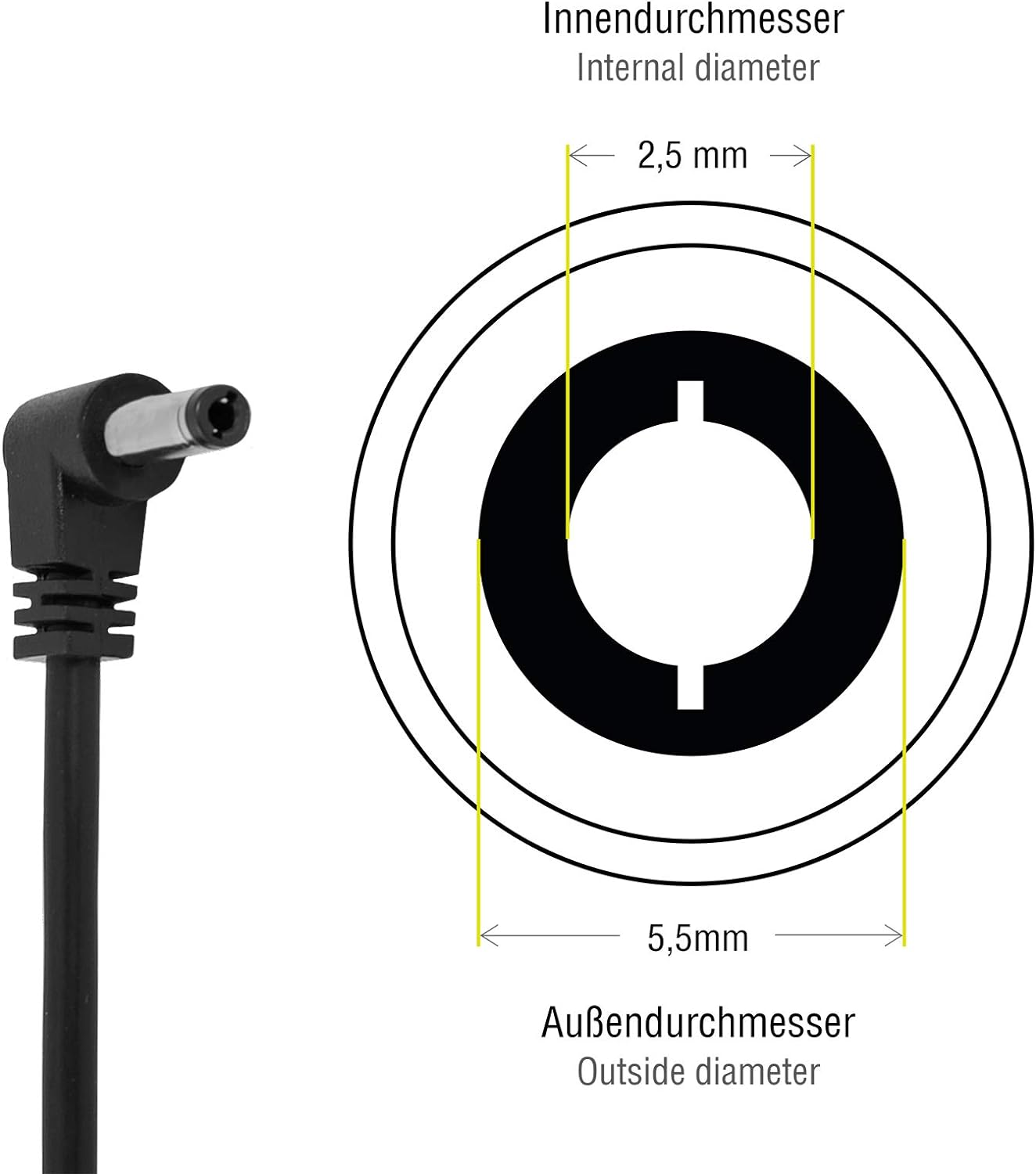 Diagramm eines DC-Stromanschlusses mit Abmessungen: 2,5 mm innen, 5,5 mm außen.