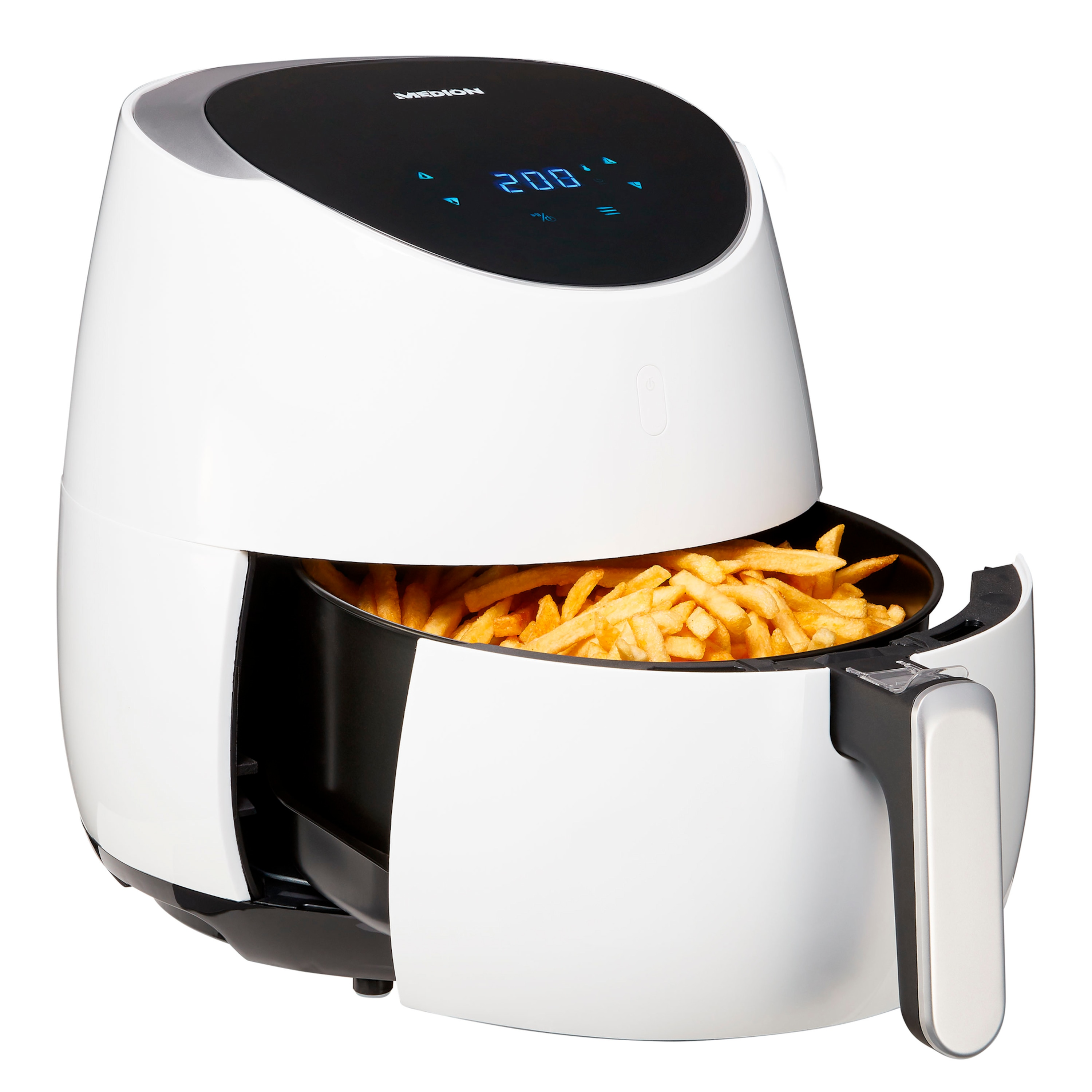 Friteuse à air blanche avec frites à l'intérieur sur fond blanc.
