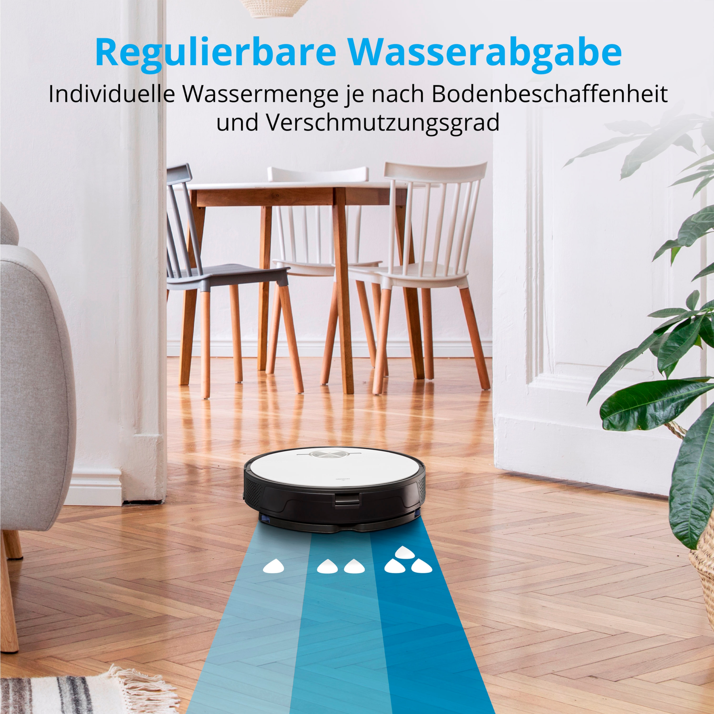 Robot sprzątający na drewnianej podłodze. Tekst: regulowana ilość wody. Białe kształty wskazują ścieżkę sprzątania.
