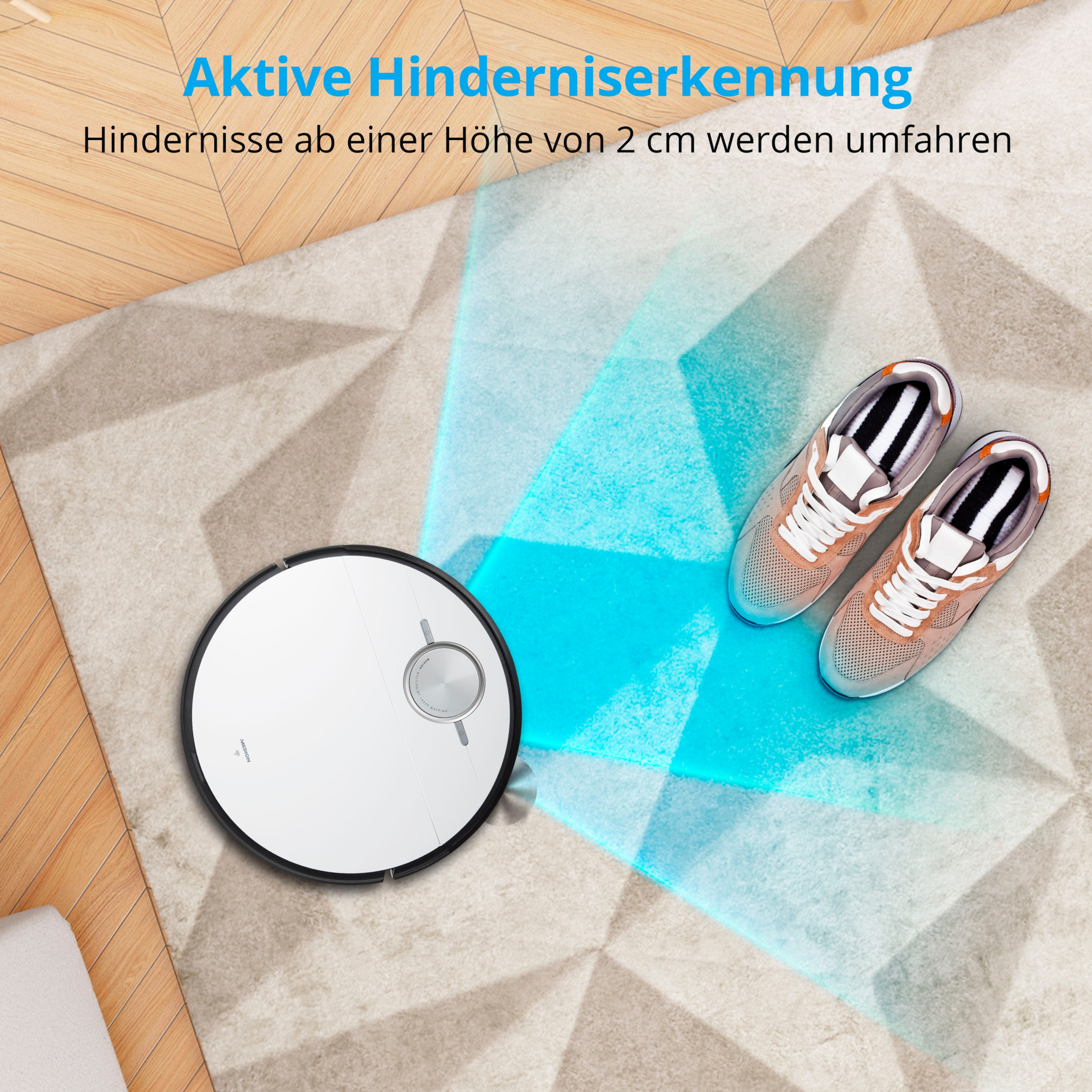 Robot sprzątający na dywanie z butami. Tekst: Aktywne wykrywanie przeszkód. Odkurzacz i buty na dywanie.