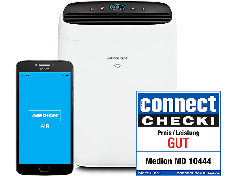 MD App, 300m³/h, MEDION (38 bis Luftqualitätsanzeige weiß Watt) m², Luftreiniger, 10444 60 HEPA-H14-Filter, Luftdurchsatz Luftreiniger