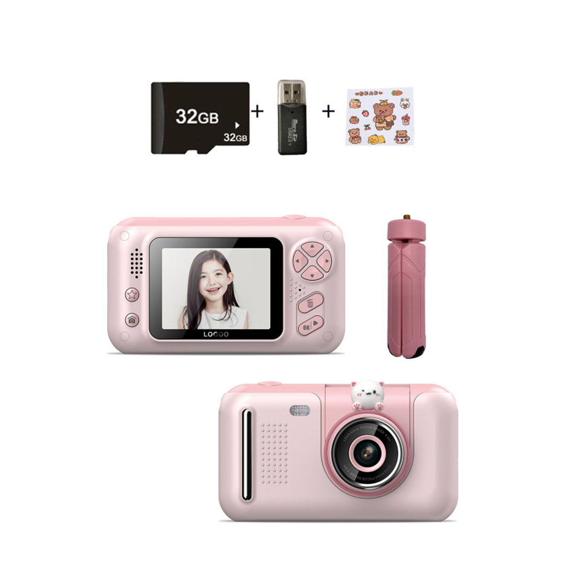 Rosa Kinderkamera mit Zubehör, darunter USB und Aufkleber.
