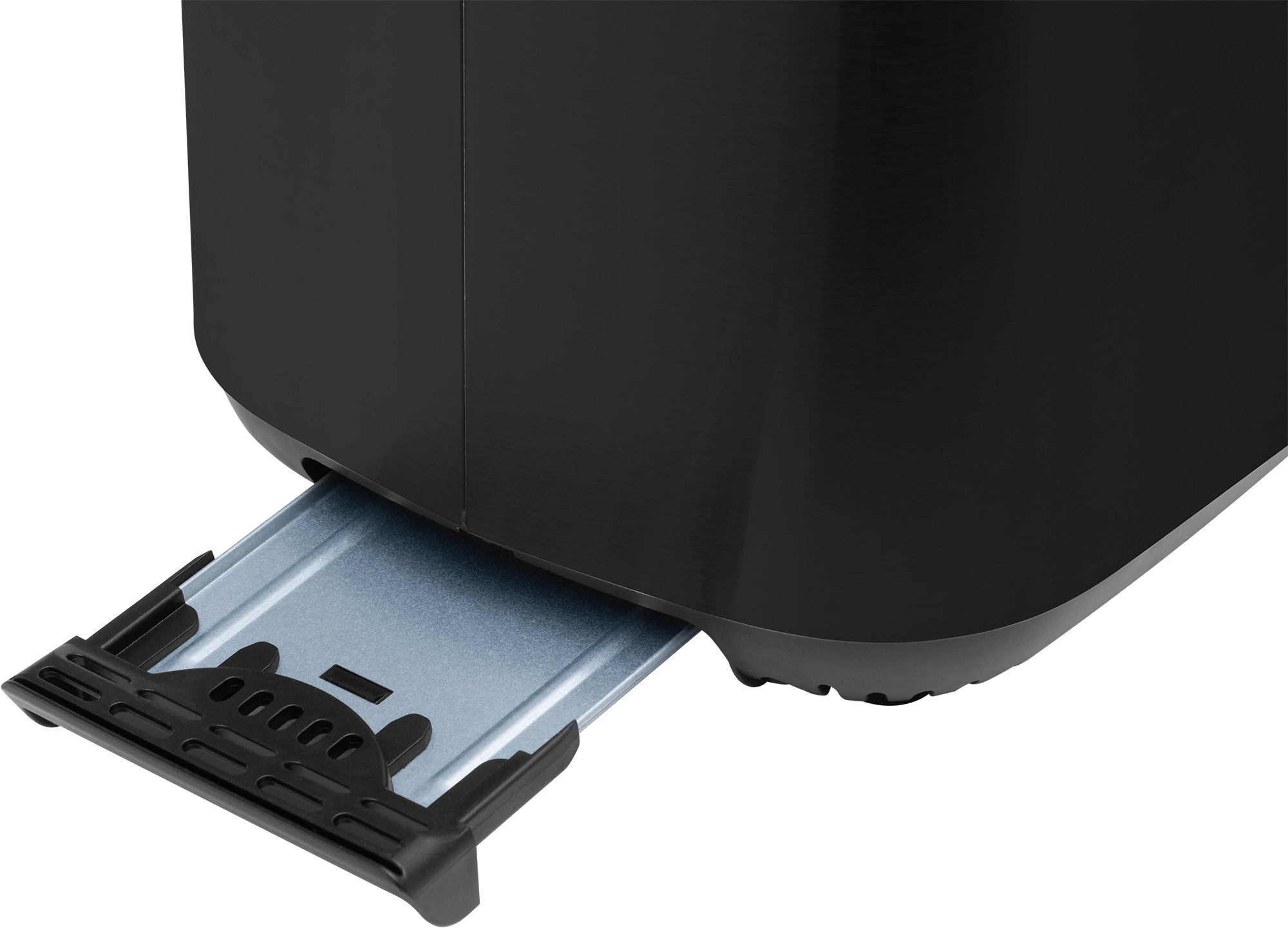 Czarny toster z wyjmowaną tacką na okruchy. Tacka jest niebieska i ma uchwyt.