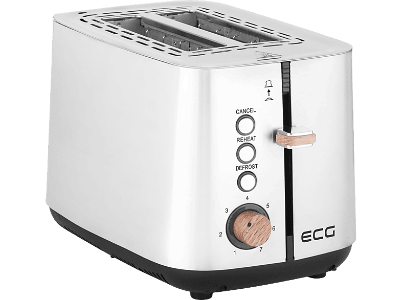 ECG ST 2767 Timber | Toaster | 2 Fächer für Toast | 7 Intensitätsstufen | Kabelaufbewahrung | Silber | Toaster Silber (925 Watt, Schlitze: 2)