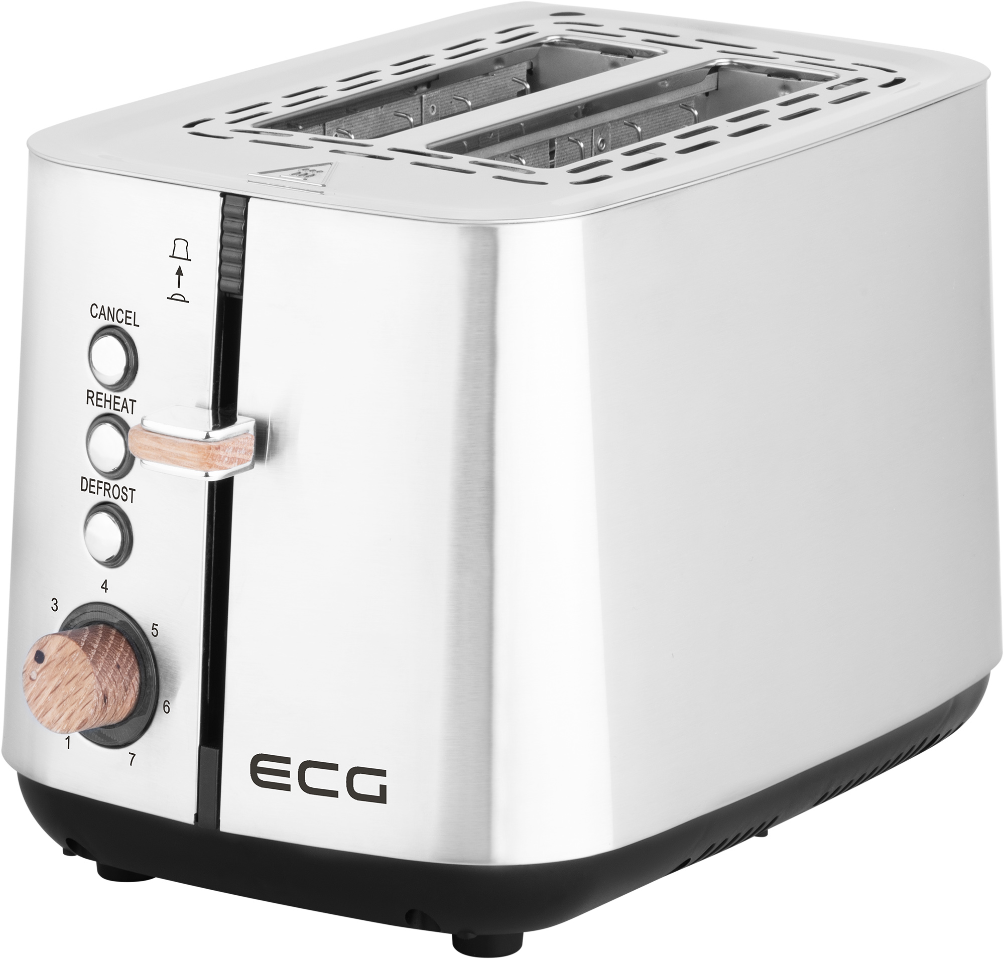 Srebrny toster z czarną podstawą. Ma dźwignię, przyciski anulowania, podgrzewania i rozmrażania oraz pokrętło brązowienia.