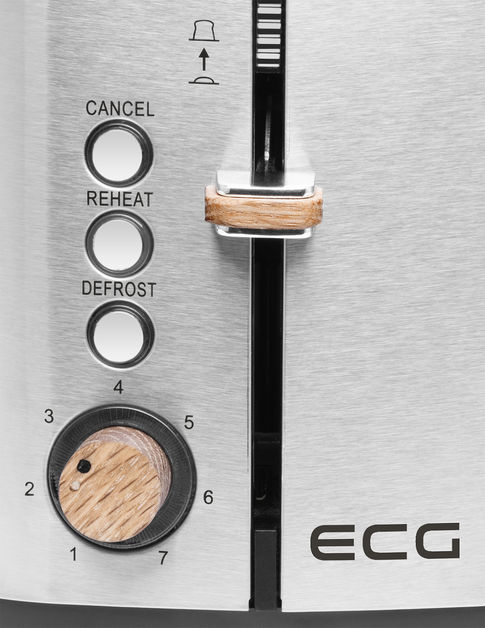 Panel sterowania tostera z przyciskami: anuluj, podgrzej, rozmrażaj. Drewniane pokrętło. Logo ECG.