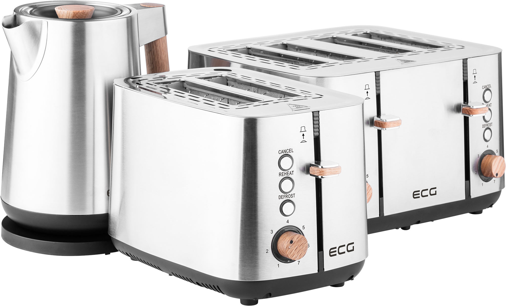 Ein Wasserkocher aus Edelstahl und zwei Toaster mit Holzgriffen.