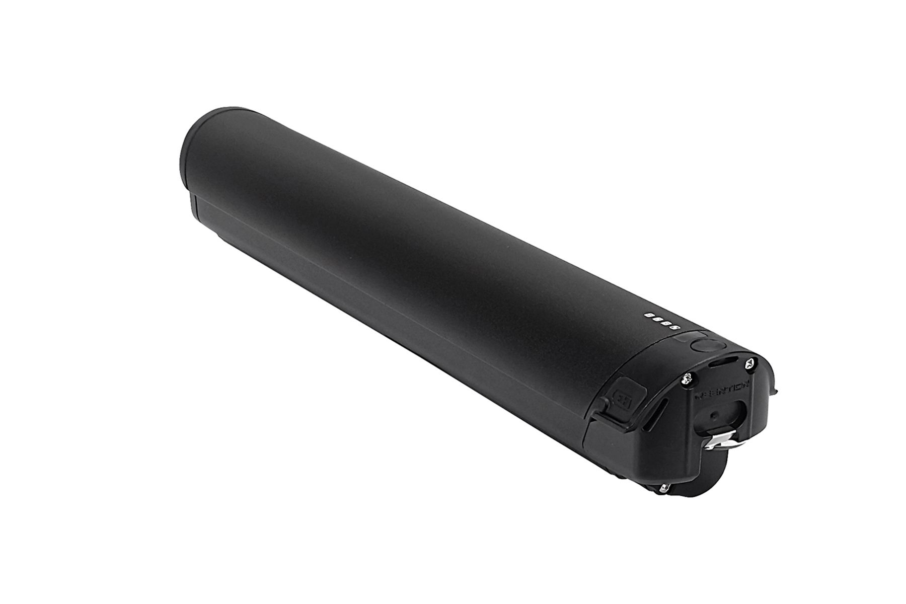 Schwarzer E-Bike-Akku. Zylindrische Form. Weißer Hintergrund. Akku hat einen Ladeanschluss und einen Power-Knopf.