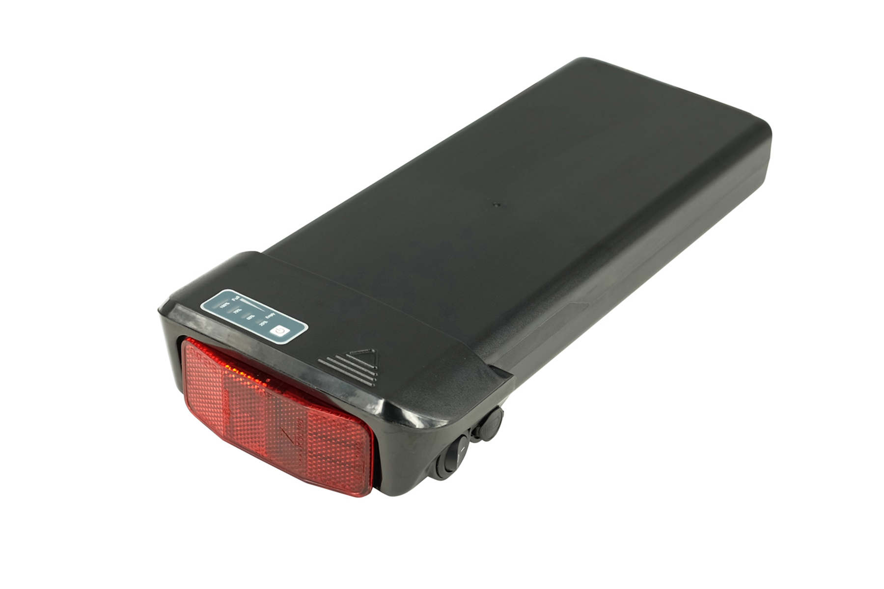 Schwarzer E-Bike-Akku mit rotem Rücklicht und Anzeigefeld.