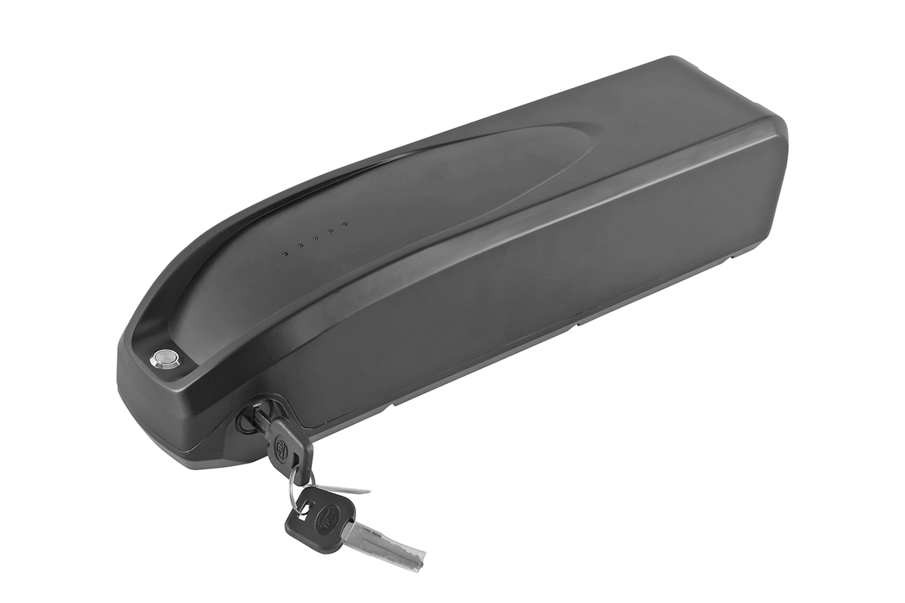Schwarzer E-Bike-Akku. Mit Schlüsselloch und Schlüssel. Schwarzes Gehäuse.