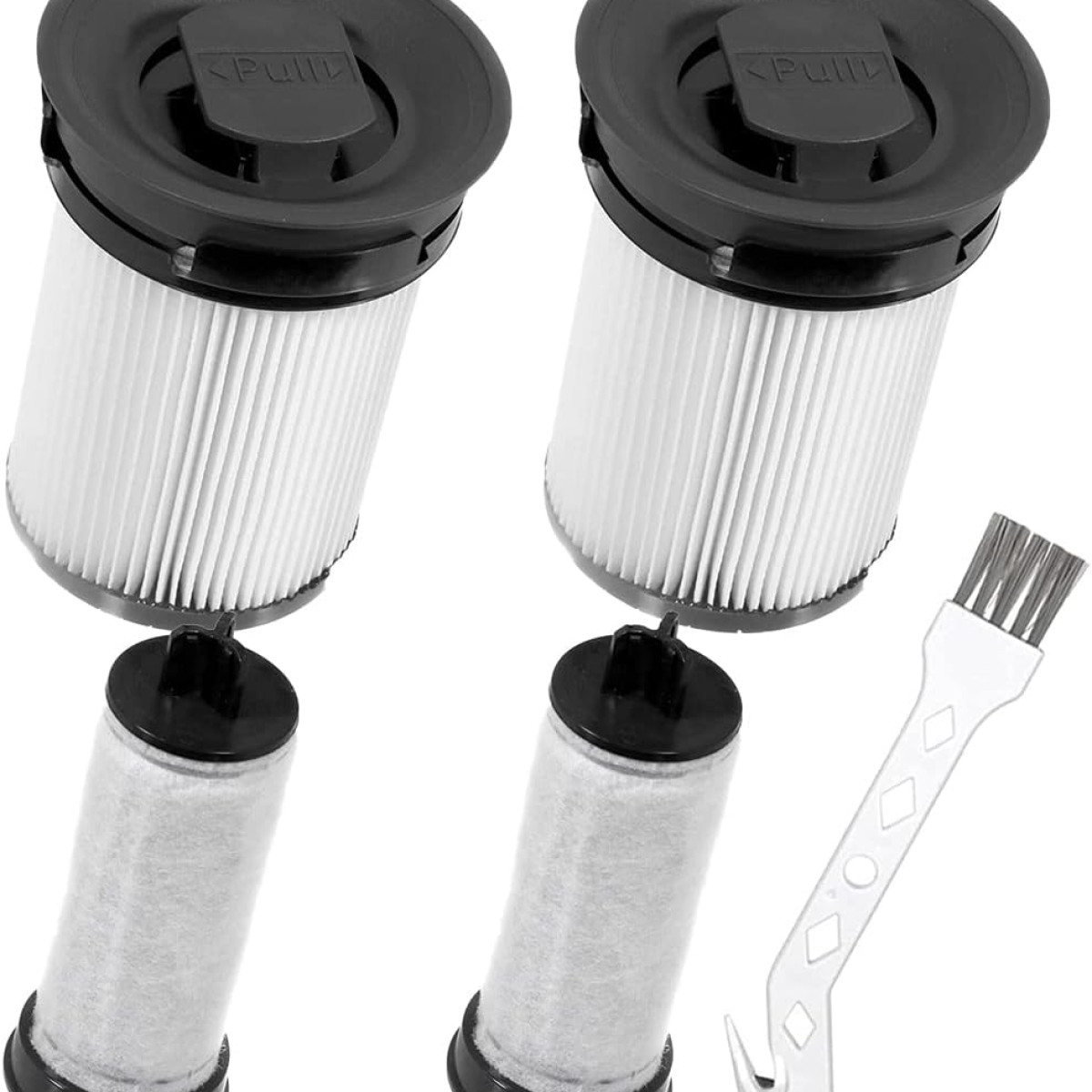 Dwa filtry do odkurzacza i szczotka. Filtry są cylindryczne, z czarnymi wierzchami.