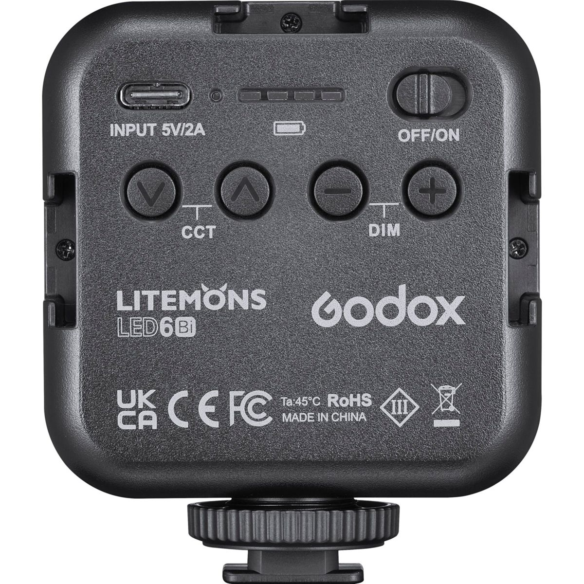 Ein schwarzes LED-Licht mit Steuertasten und Anschlüssen. 'LITEMONS' und 'Godox' sind auf der Vorderseite sichtbar.