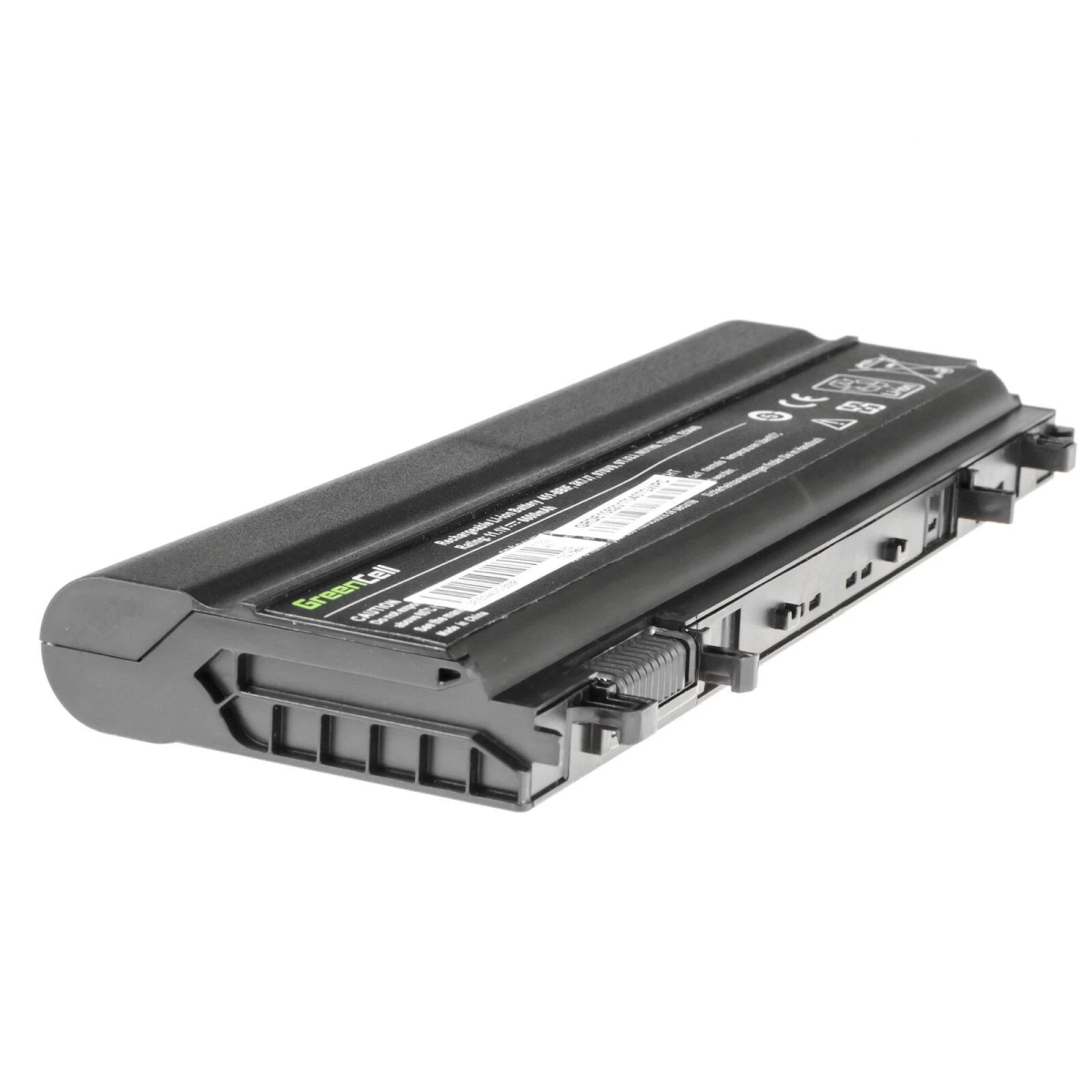 Ein schwarzer Laptop-Akku mit Etiketten und einem Anschluss, von der Seite vor weißem Hintergrund gezeigt.
