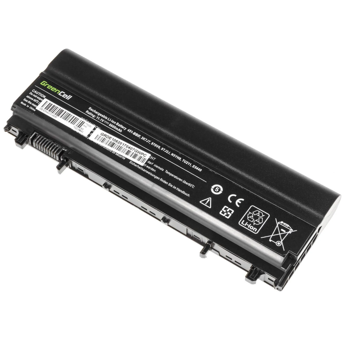 Ein schwarzer Laptop-Akku mit Etiketten. Es hat eine rechteckige Form mit Metallkontakten und einem GreenCell-Etikett.