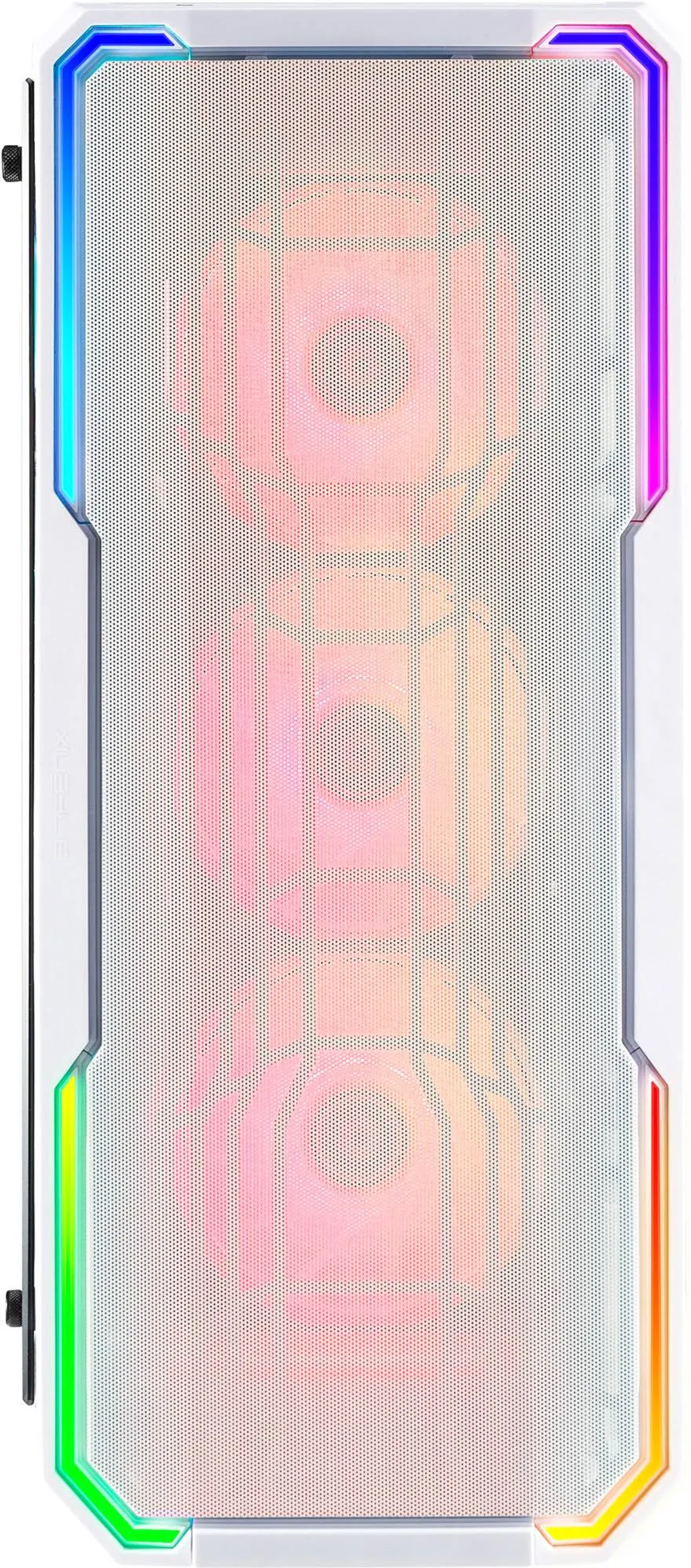 Ein weißes Computergehäuse mit drei vertikal ausgerichteten, beleuchteten Lüftern hinter einem Mesh-Panel.