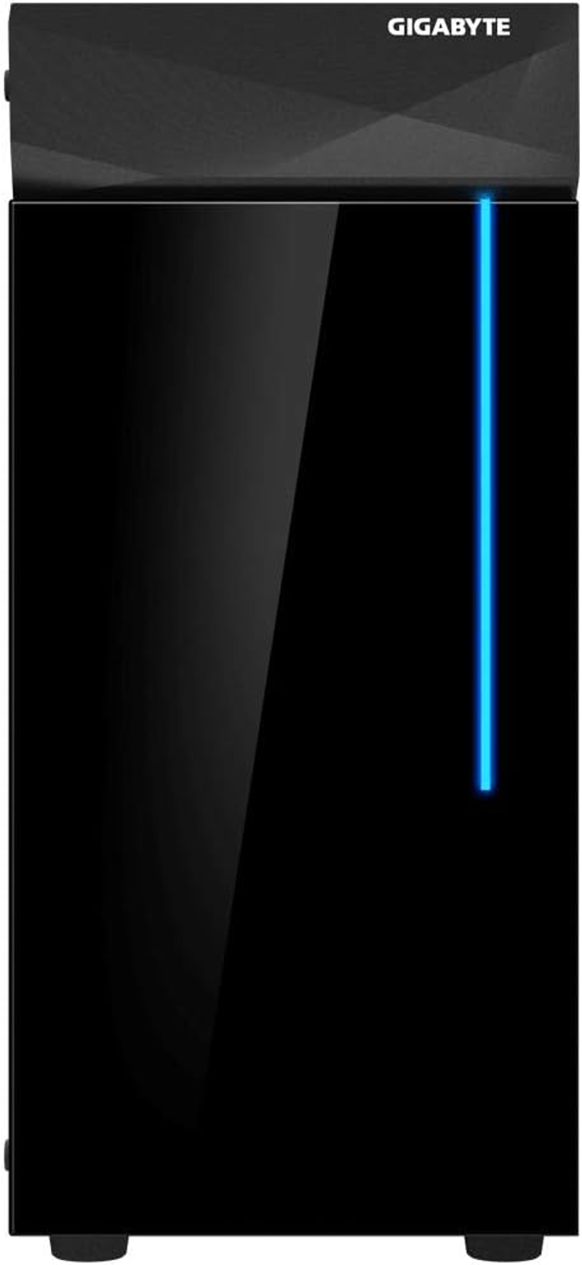 Ein schwarzes Computergehäuse mit einem blauen vertikalen Lichtstreifen. Es hat eine schwarze Ober- und Unterseite.