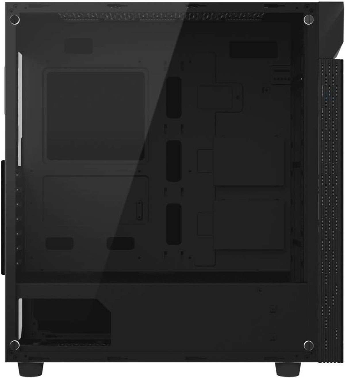 Schwarzes Computergehäuse mit Glasscheibe. Das Innere ist sichtbar.