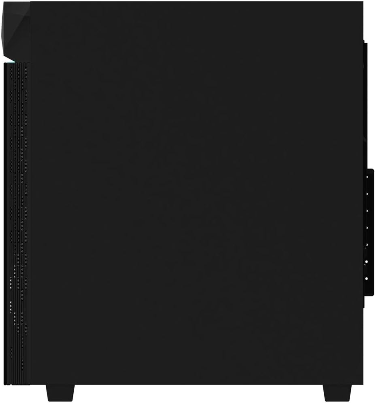 Schwarzes PC-Gehäuse. Seitenansicht, zeigt eine schlichte schwarze Platte mit Belüftung und Füßen.