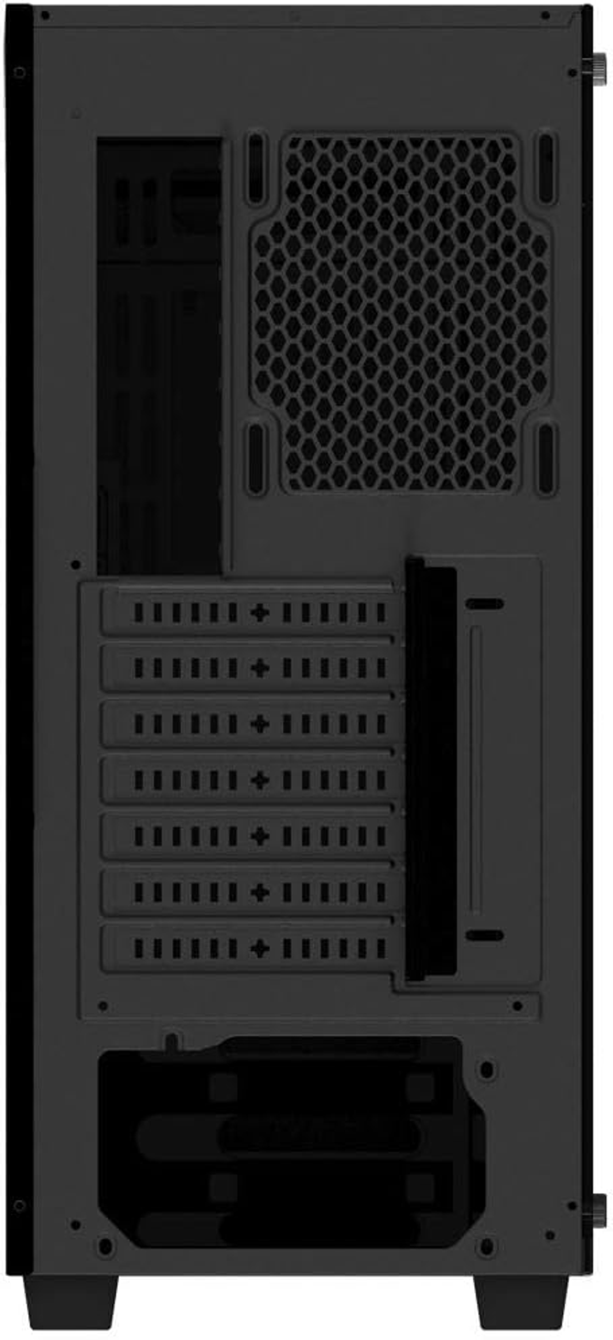 Rückansicht eines schwarzen Computergehäuses mit Gitter und verschiedenen Öffnungen. Weißer Hintergrund.