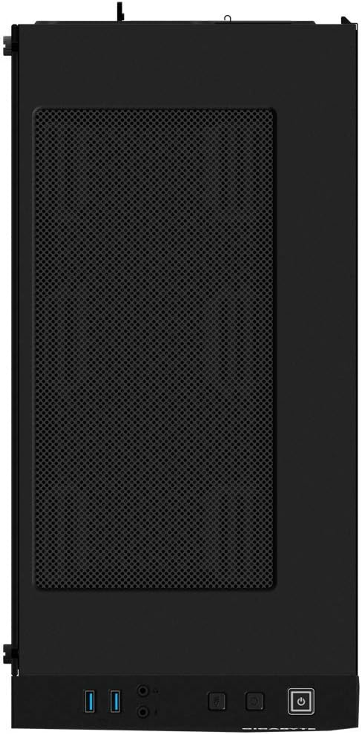 Ein schwarzes Computergehäuse mit perforierter Seitenwand und Anschlüssen unten.