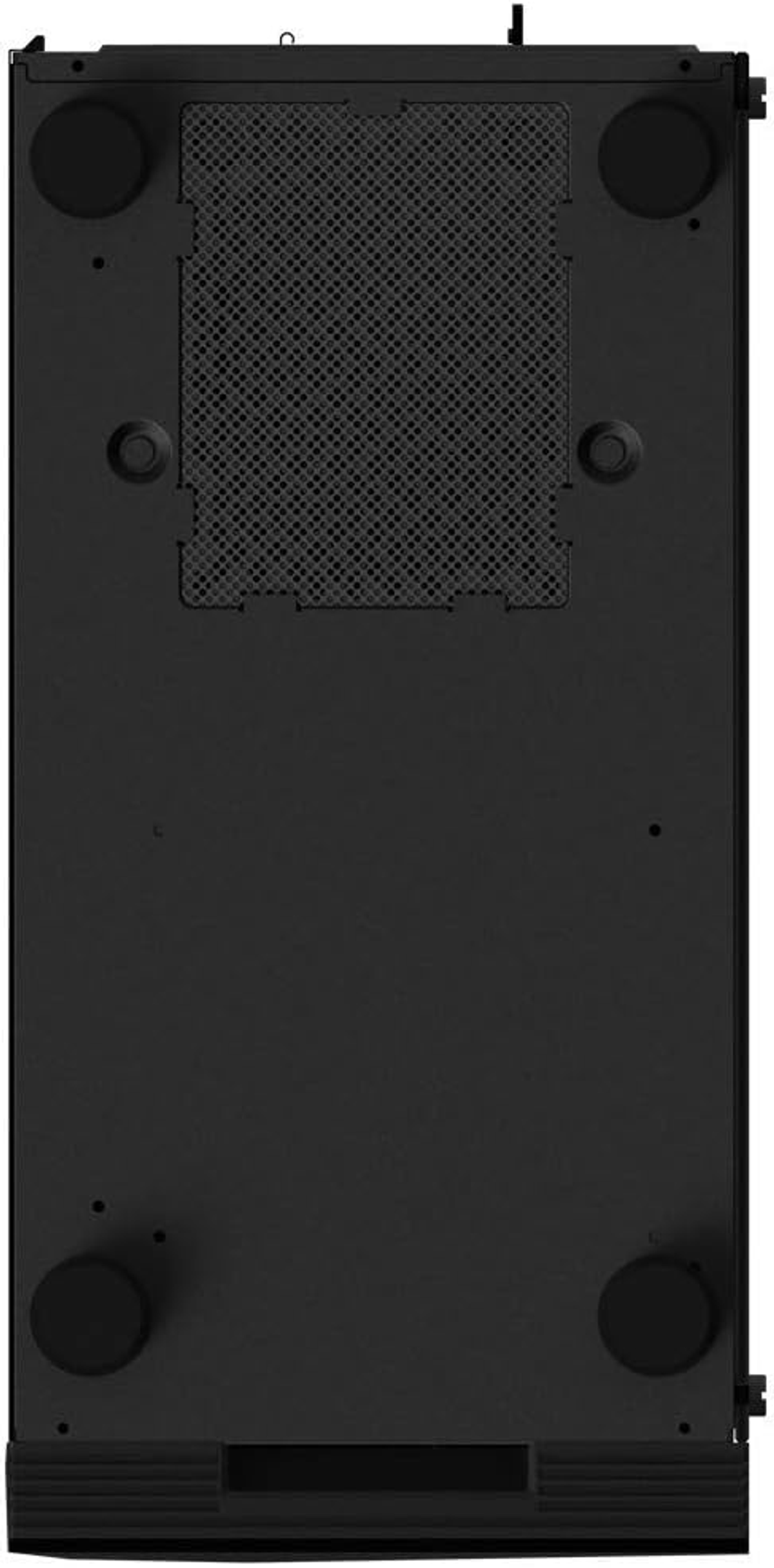 Schwarzer Computerturm, Unterseite, mit Füßen und Mesh-Gitter.