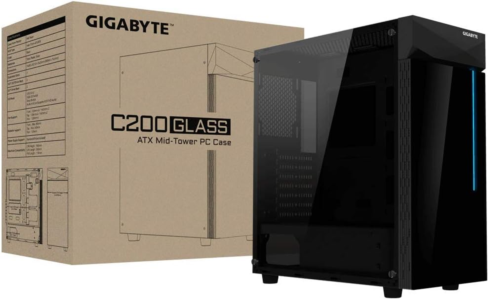 Ein schwarzes Computergehäuse und eine Box. Gehäuse hat Glas-Seitenwand, Box hat Text.