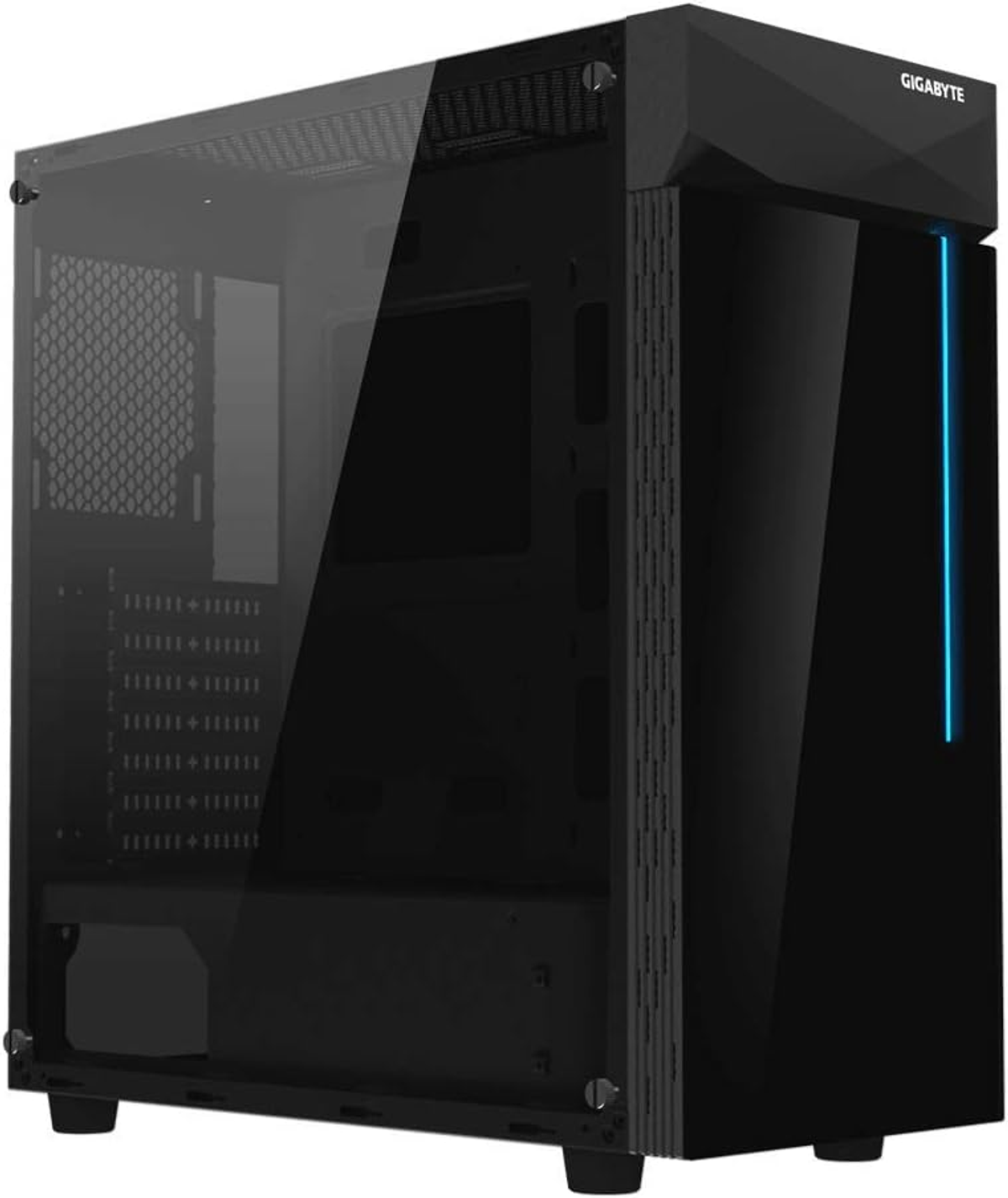 Schwarzes Computergehäuse. Hat eine Glas-Seitenwand und blaues Licht.