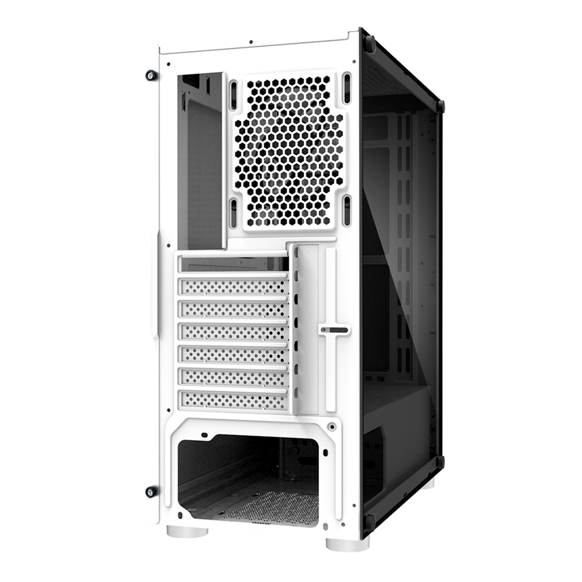 Ein weißes Computergehäuse, hinten offen, zeigt das Innere mit einem Mesh-Panel und verschiedenen Schlitzen.