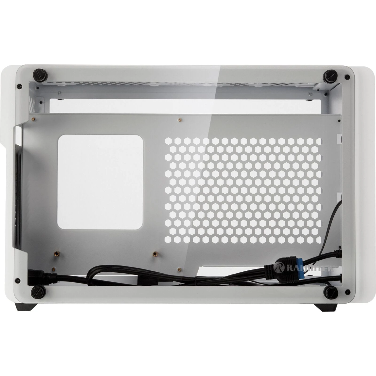 Case per computer bianco con pannello laterale in vetro, mostra i componenti interni e una griglia a nido d'ape.