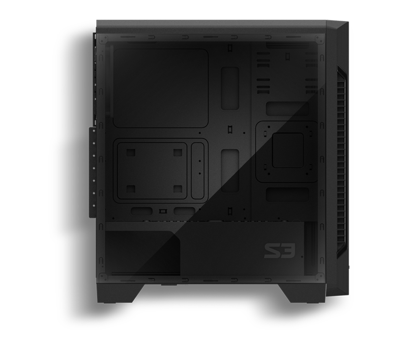 Case per computer, vista dall'alto. Nero con pannello laterale in vetro. Interno visibile.