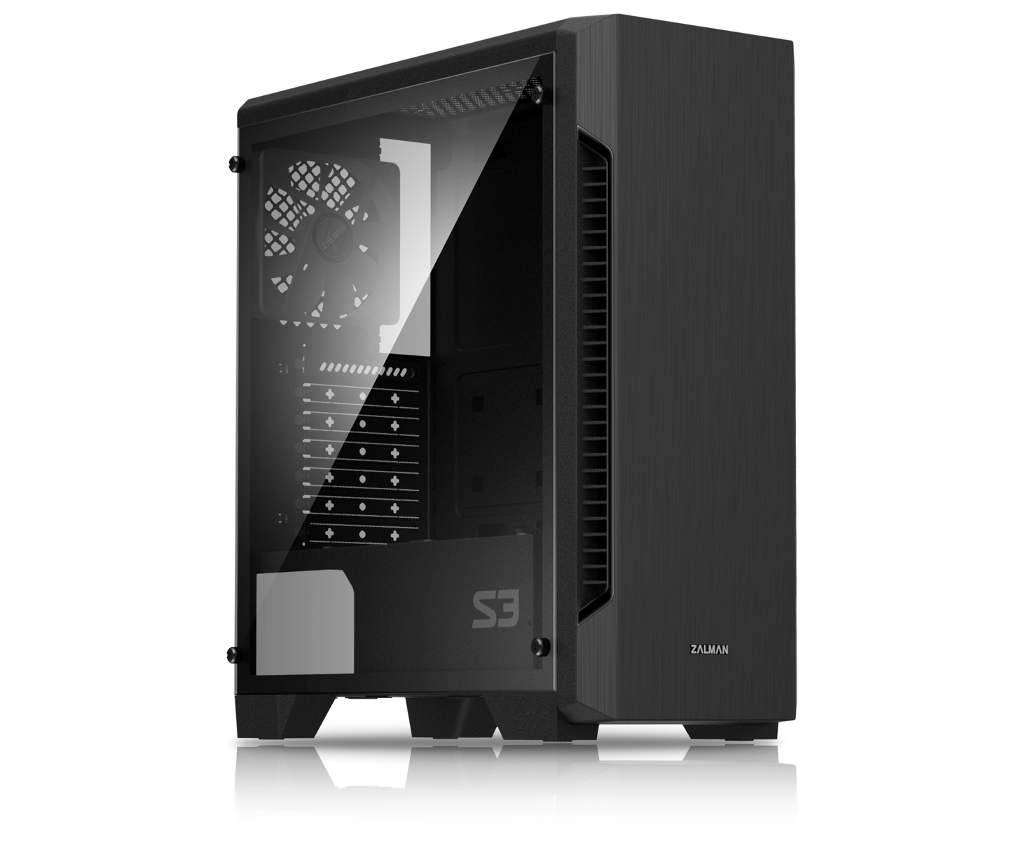 Case per computer nero con pannello laterale in vetro, che mostra i componenti interni.