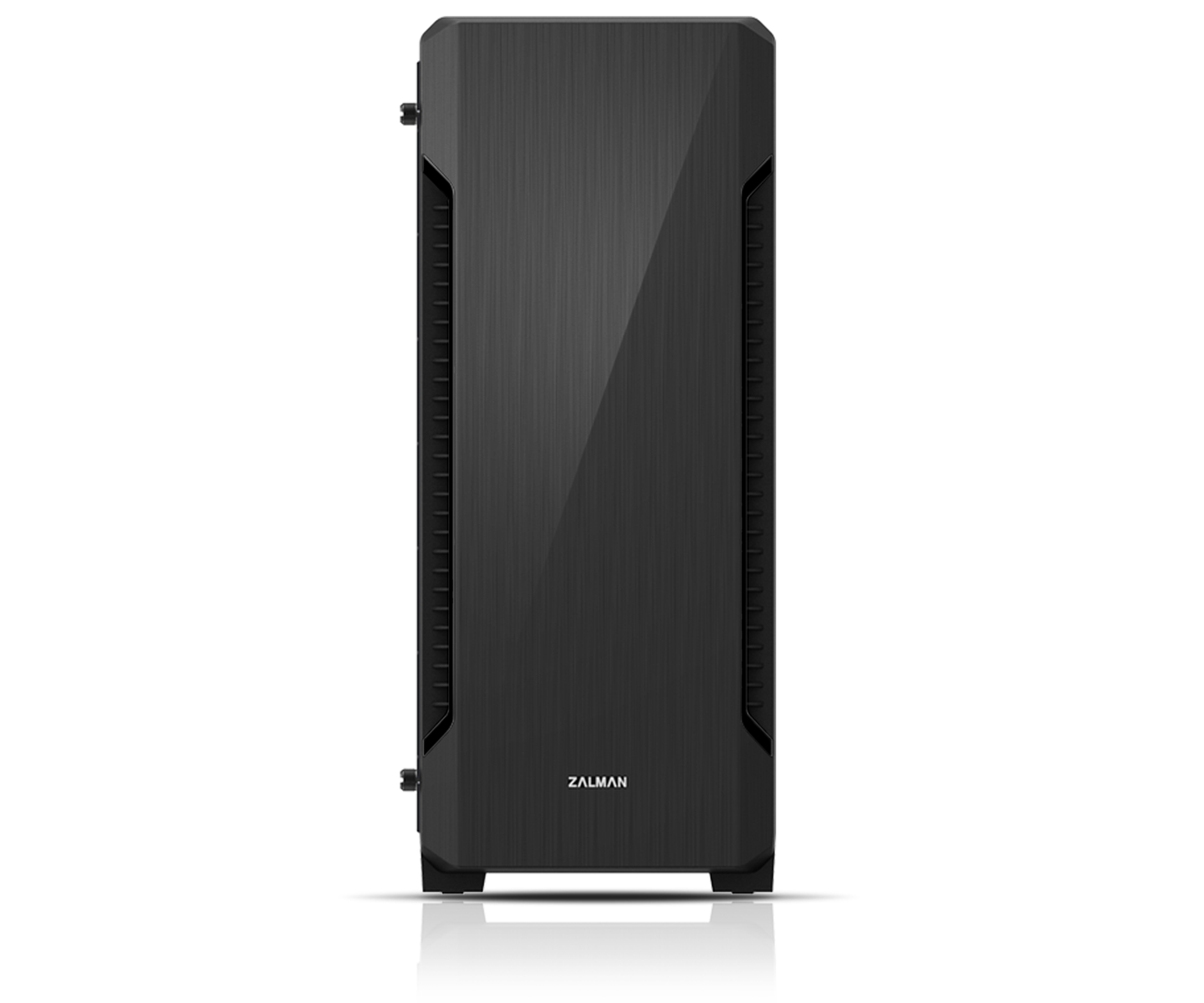 Un case per computer nero con pannello in vetro e il marchio ZALMAN.