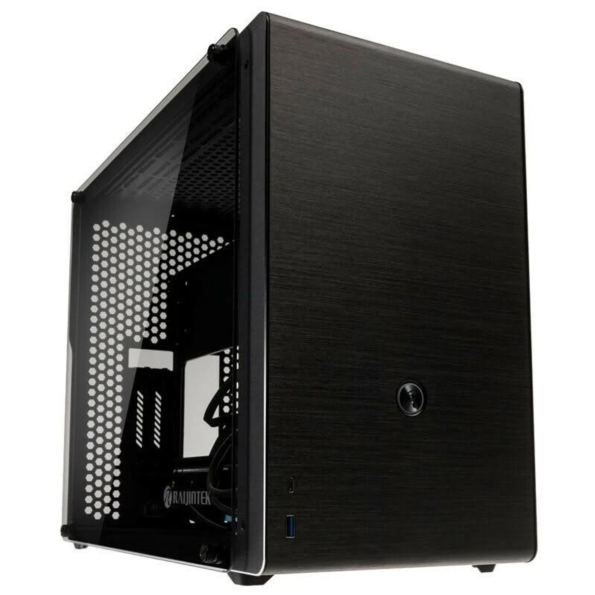 Case per computer nero con pannello laterale in vetro. Ha un design minimalista.
