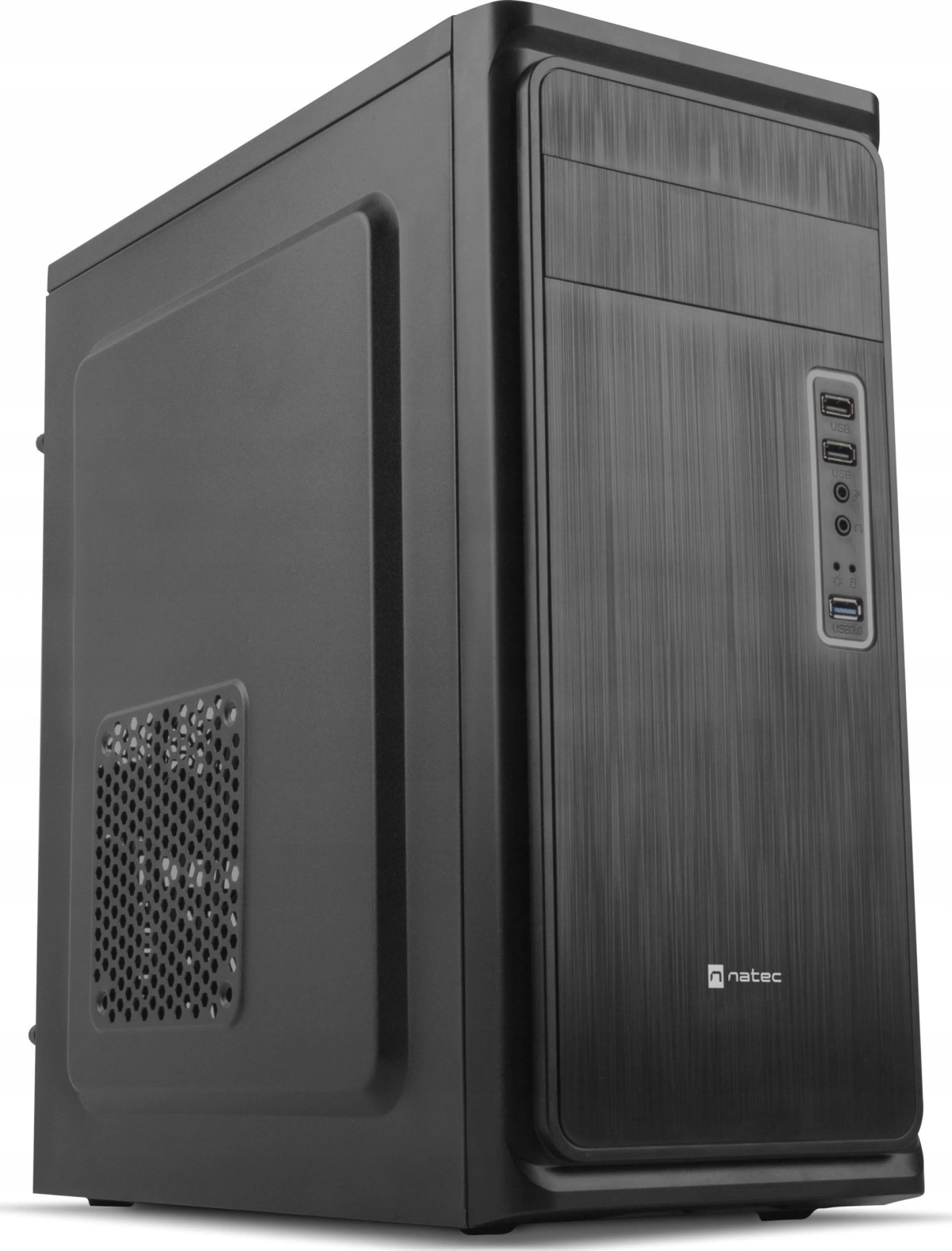Czarna obudowa komputera z bocznym otworem wentylacyjnym i portami na panelu przednim. Powierzchnia ma efekt szczotkowanego metalu.
