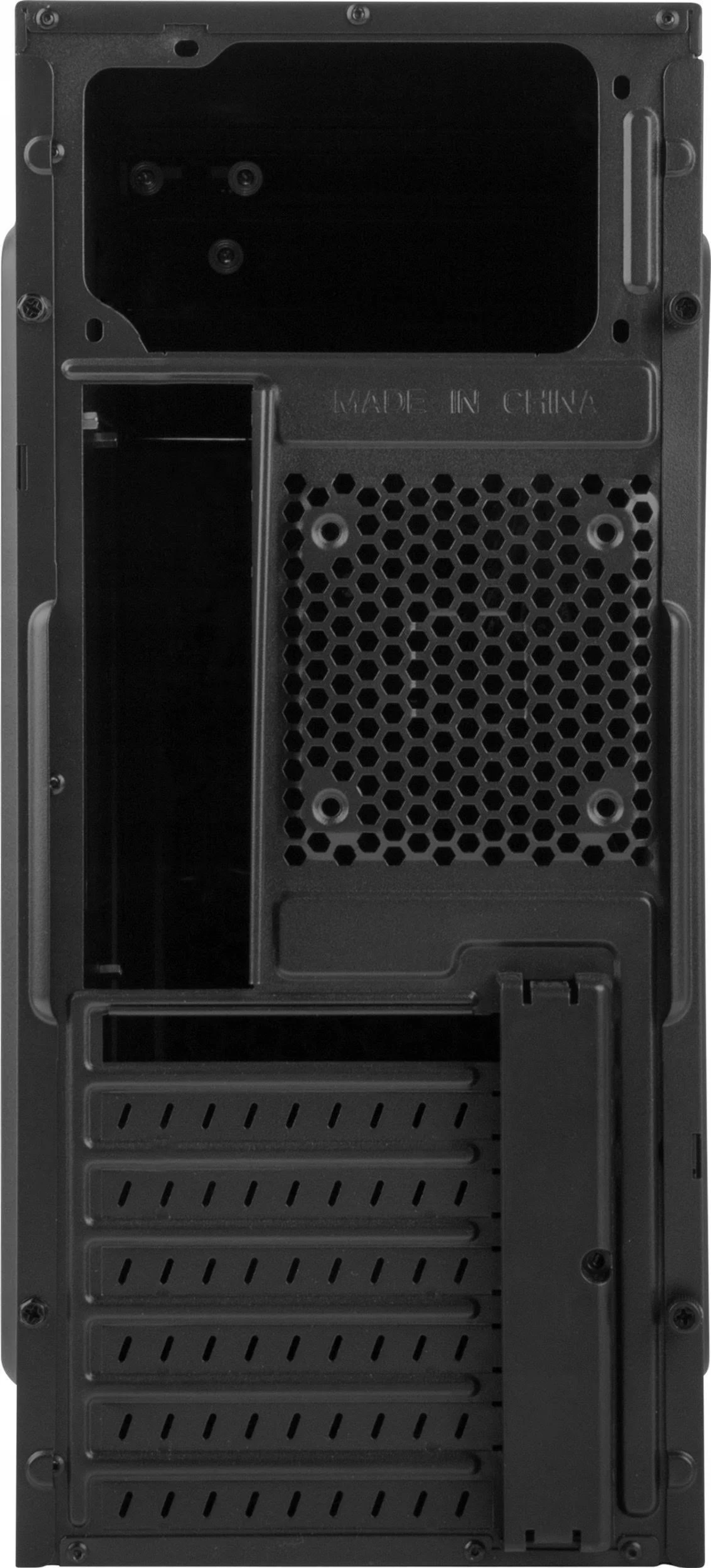 Tył czarnej obudowy komputera z otworami wentylacyjnymi i gniazdami na podzespoły.