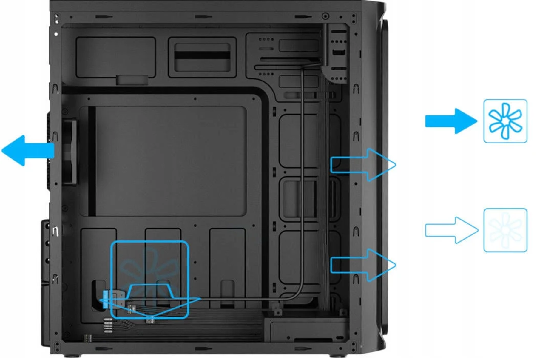Wnętrze czarnej obudowy komputera ze strzałkami wskazującymi kierunek przepływu powietrza.