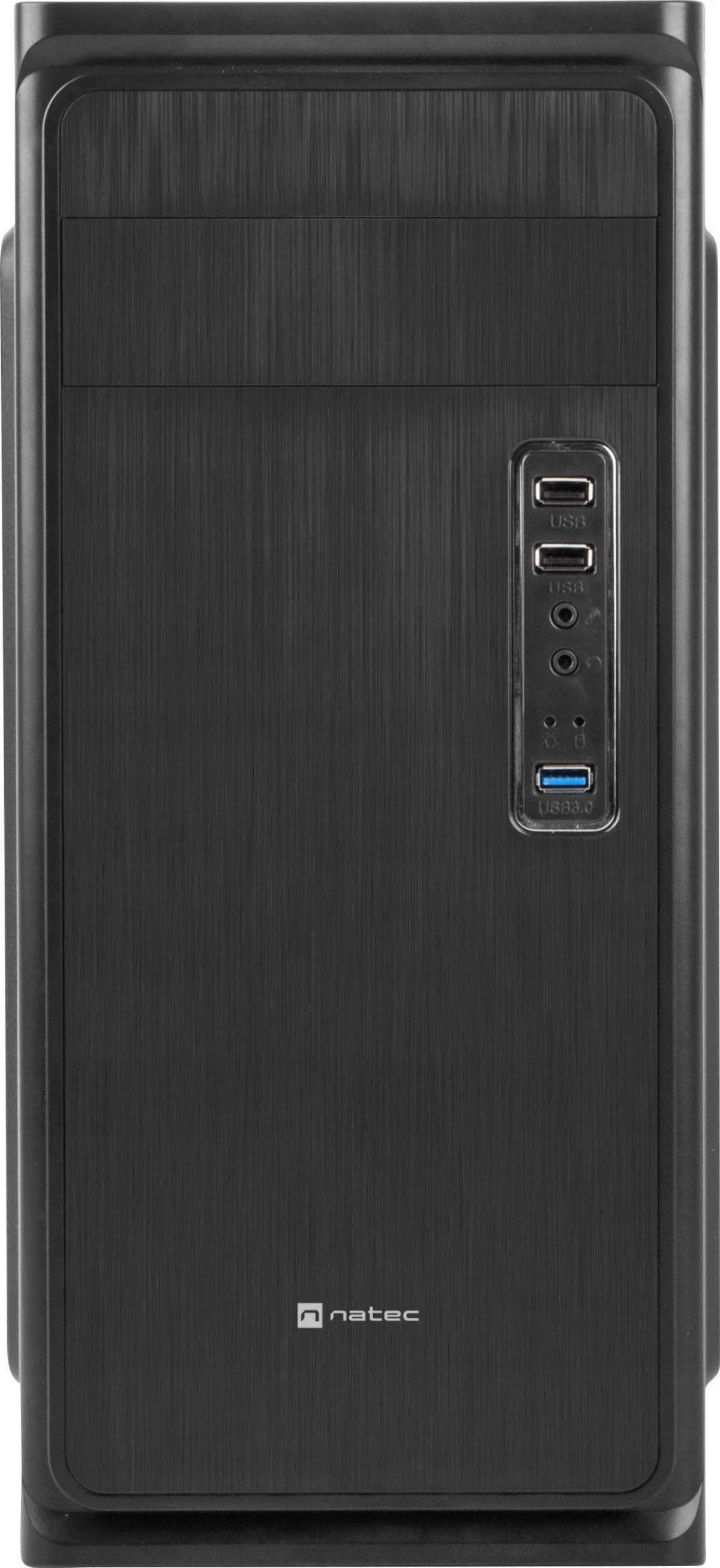 Czarna obudowa komputera, widok z przodu. Posiada porty USB i gniazda audio.