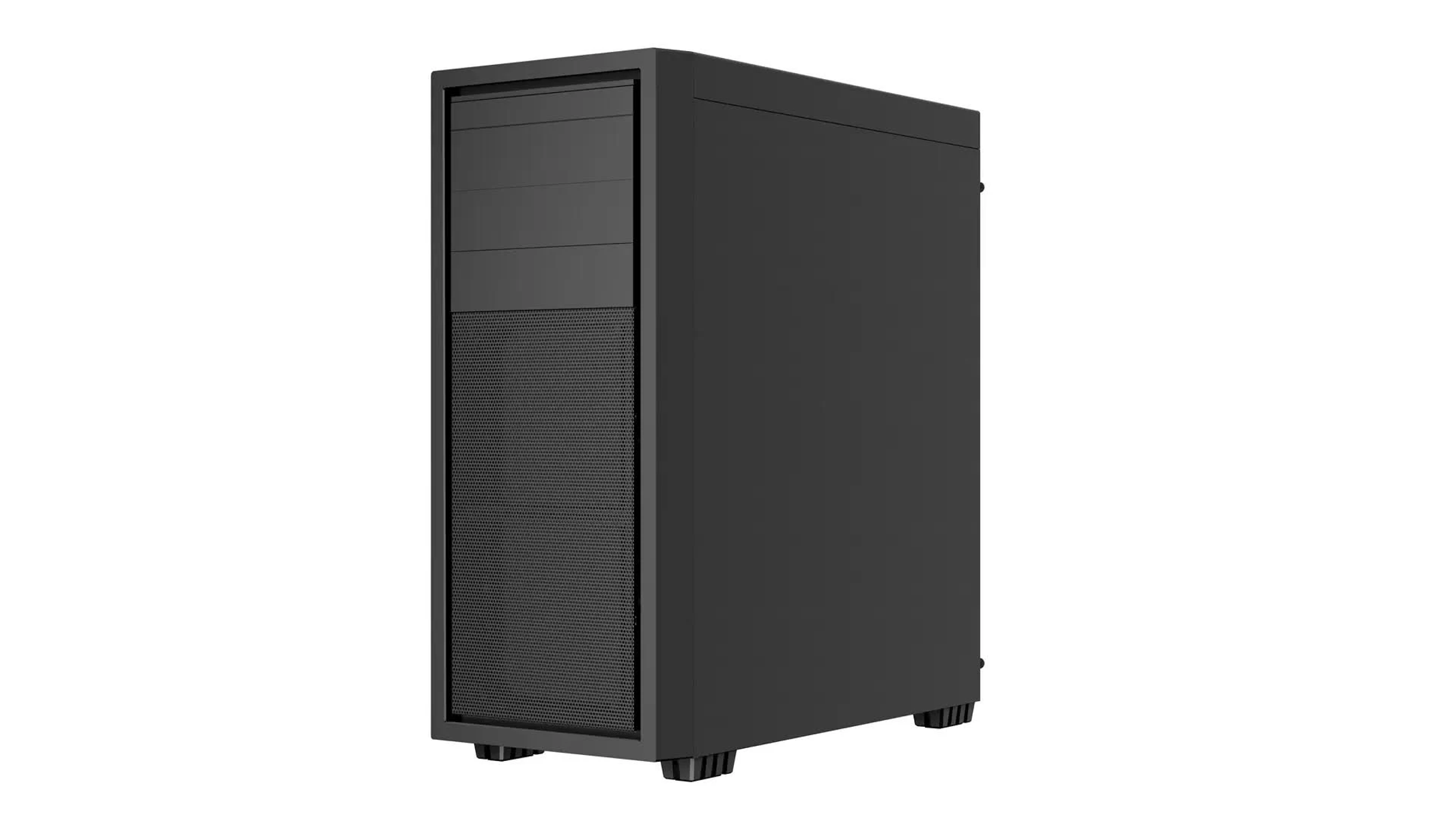 Ein schwarzes Computergehäuse, aufrecht, mit strukturierter Frontplatte und einer soliden schwarzen Seite.
