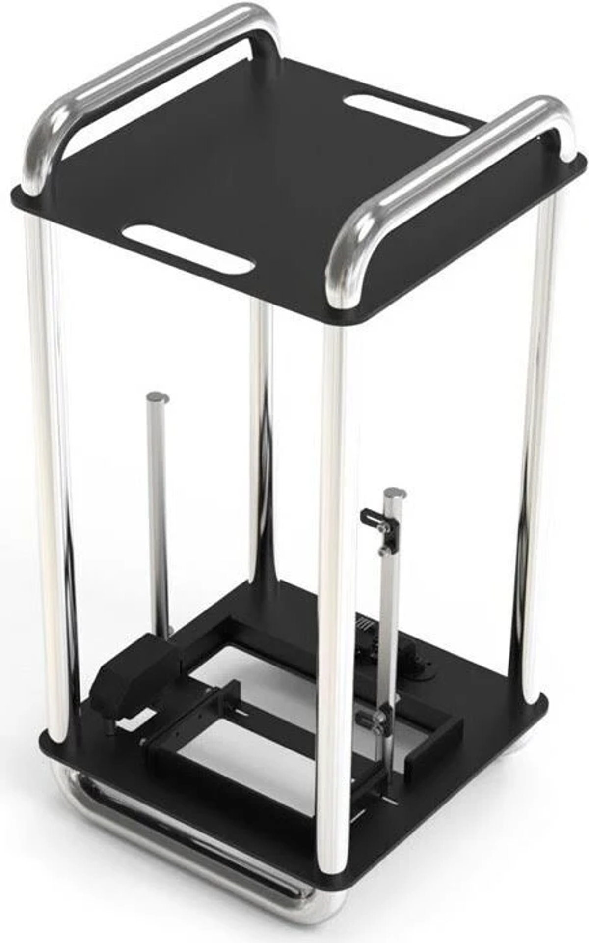 Eine schwarz-silberne wagenähnliche Struktur mit flacher Ober- und Unterseite.
