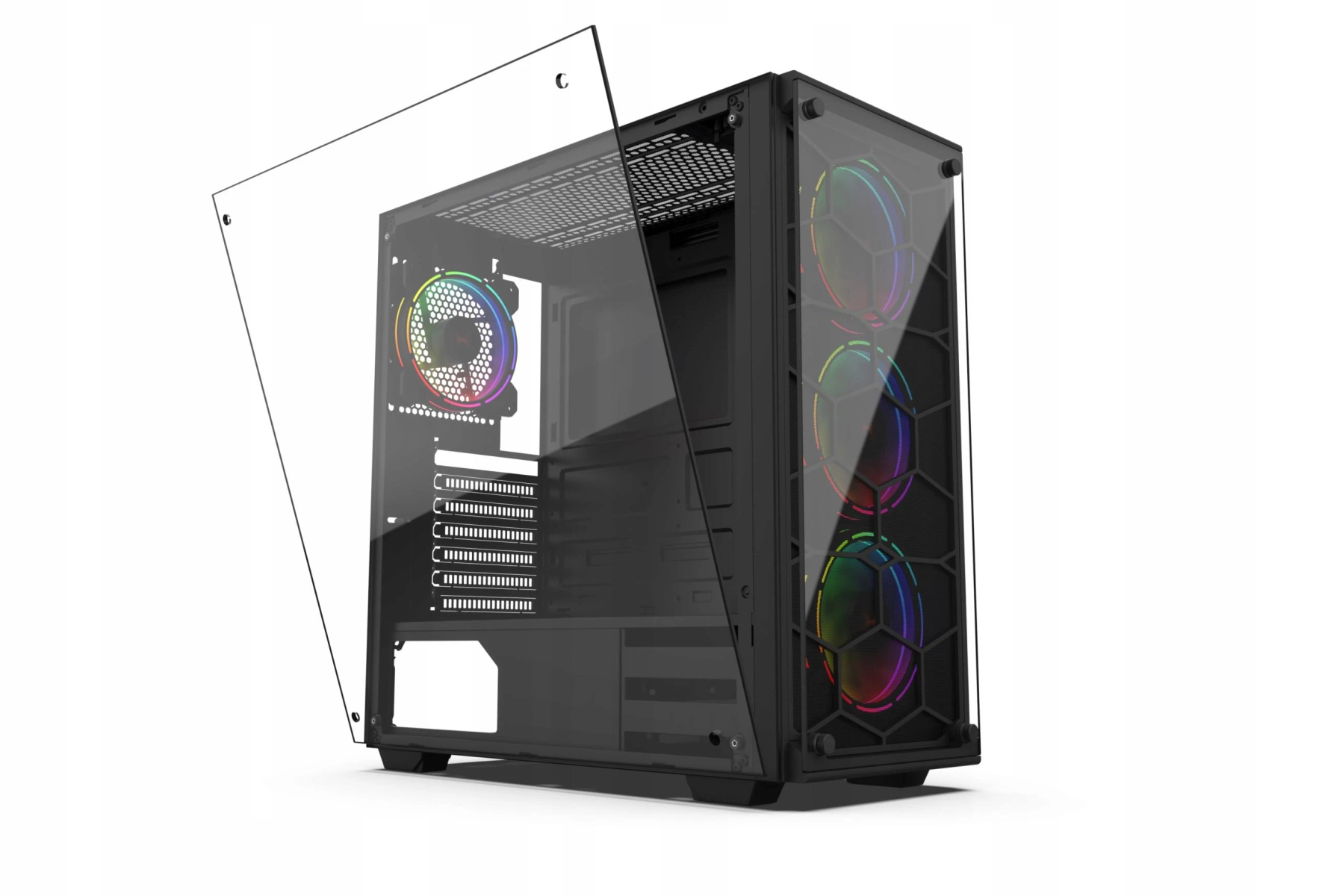 Een computerkast met een glazen zijpaneel wordt getoond. De binnenkant heeft ventilatorlichten.