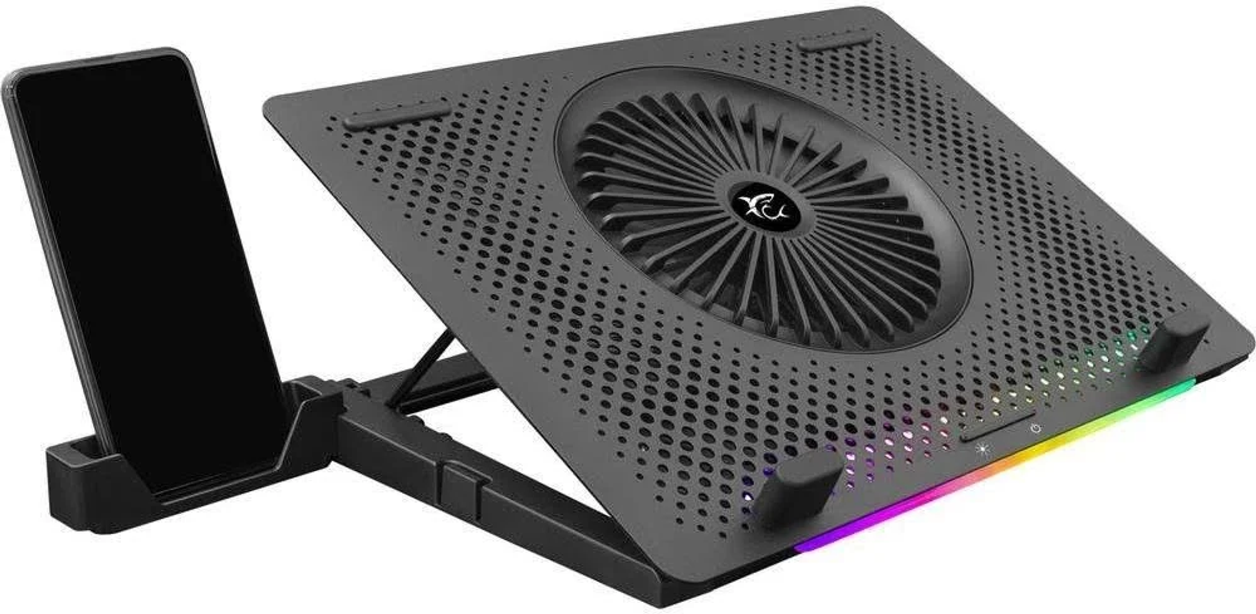 Schwarzes Laptop-Kühlpad mit Lüfter. Hat eine Telefonhalterung und RGB-Lichter.