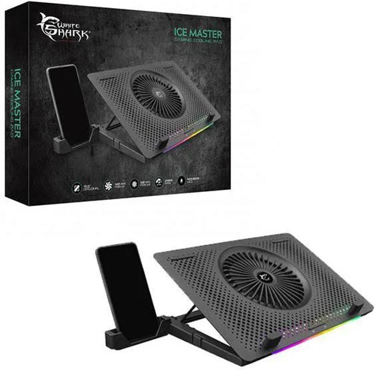 Gaming-Laptop-Kühlpad mit Telefonhalter. Schwarz mit Lüfter und RGB-Beleuchtung. Weißer Hintergrund.