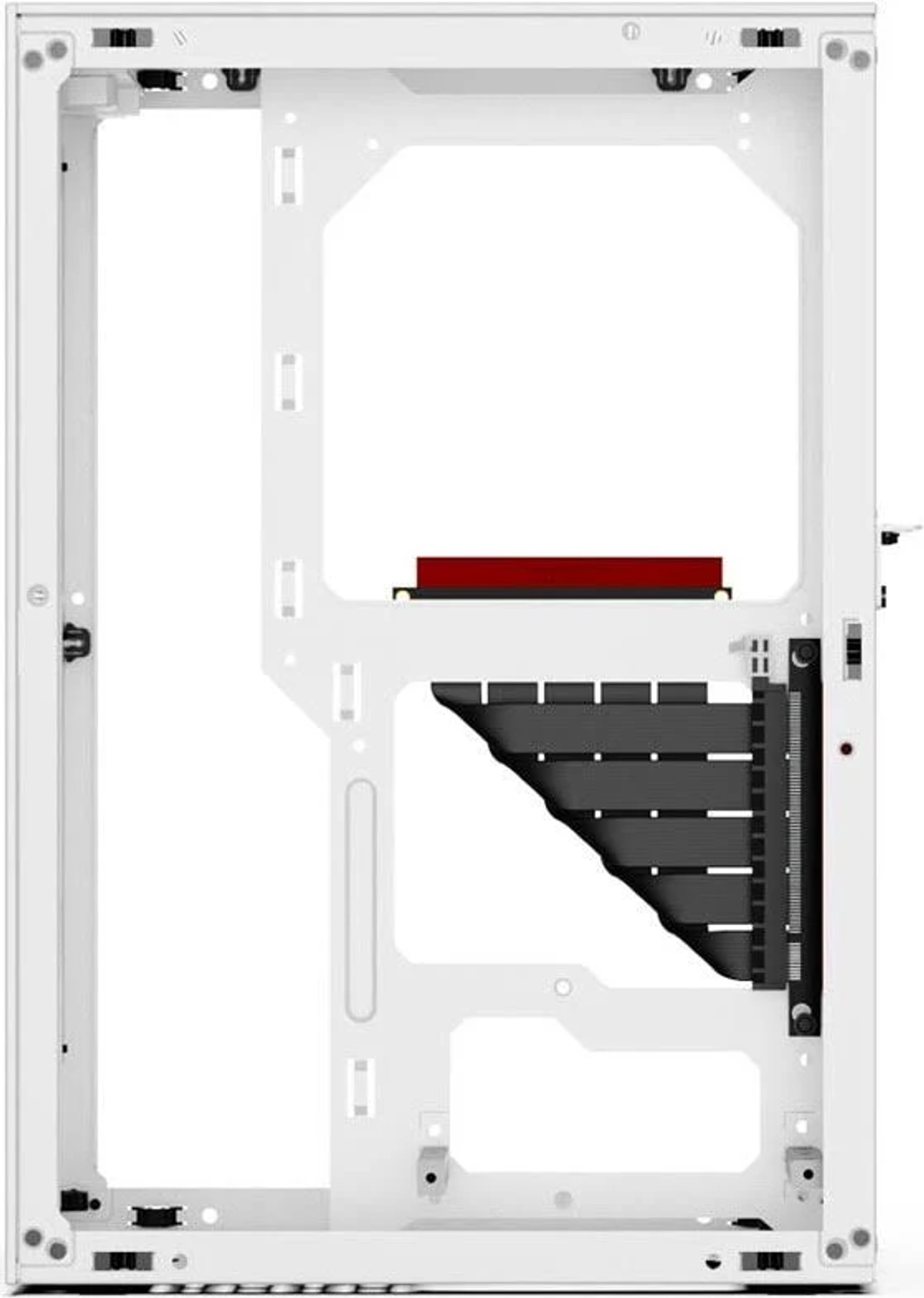 Weißer Computergehäuse-Rahmen. Rotes Bauteil oben, schwarze Kabel, verschiedene Öffnungen und Befestigungspunkte.