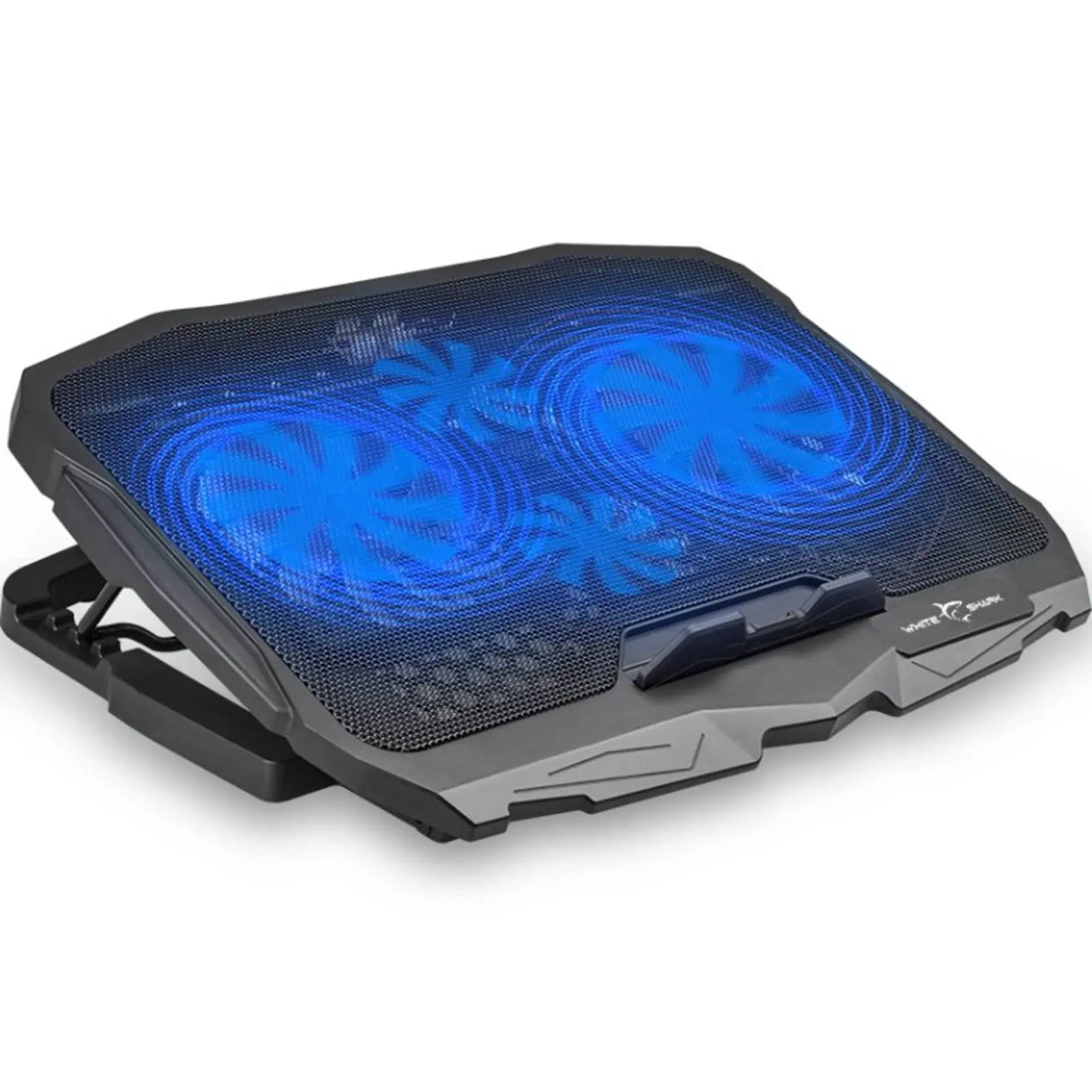 Ein schwarzes Laptop-Kühlpad mit zwei blau leuchtenden Lüftern.