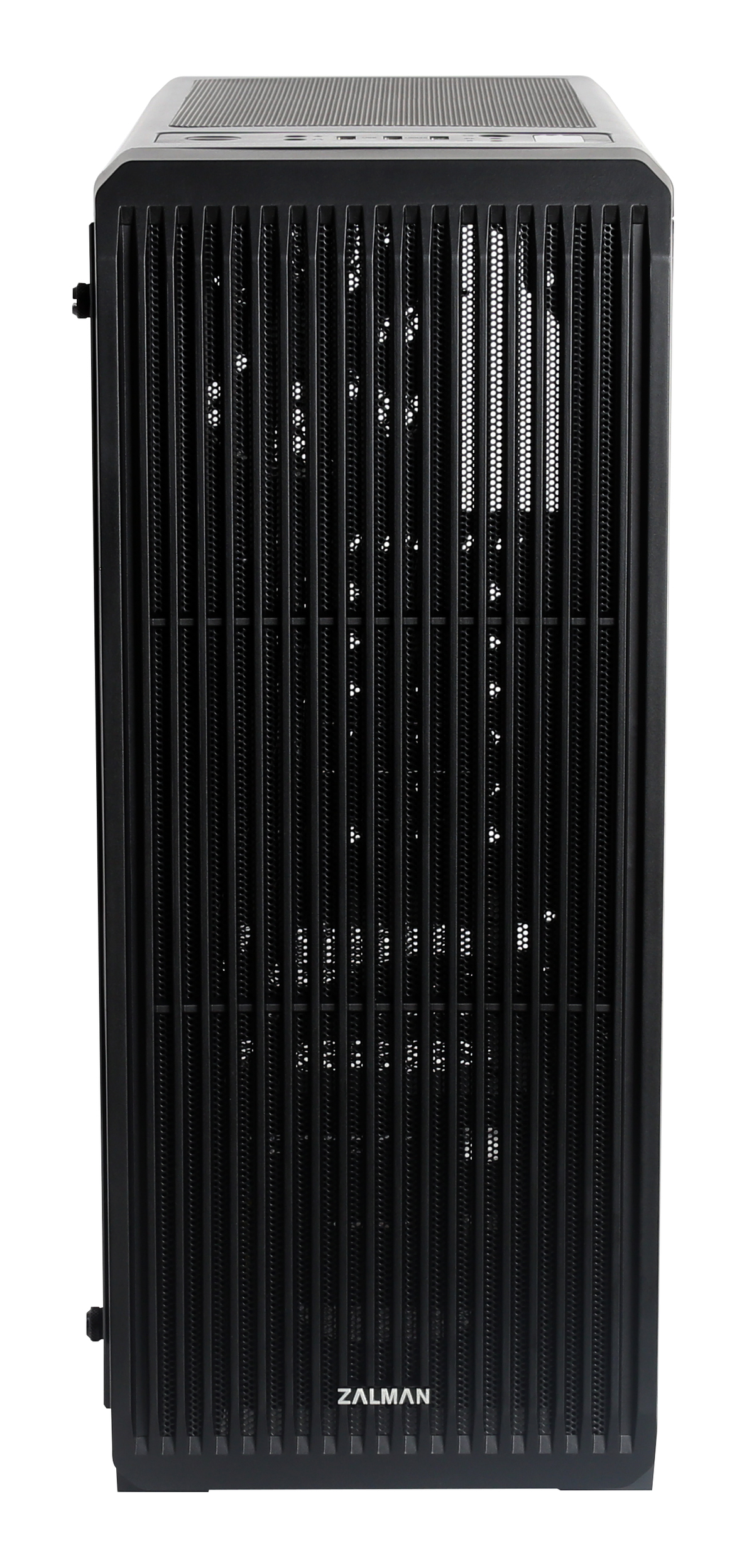 Schwarzes Computergehäuse, vertikales Design. Front mit vertikalen Schlitzen. Zalman-Logo vorne.