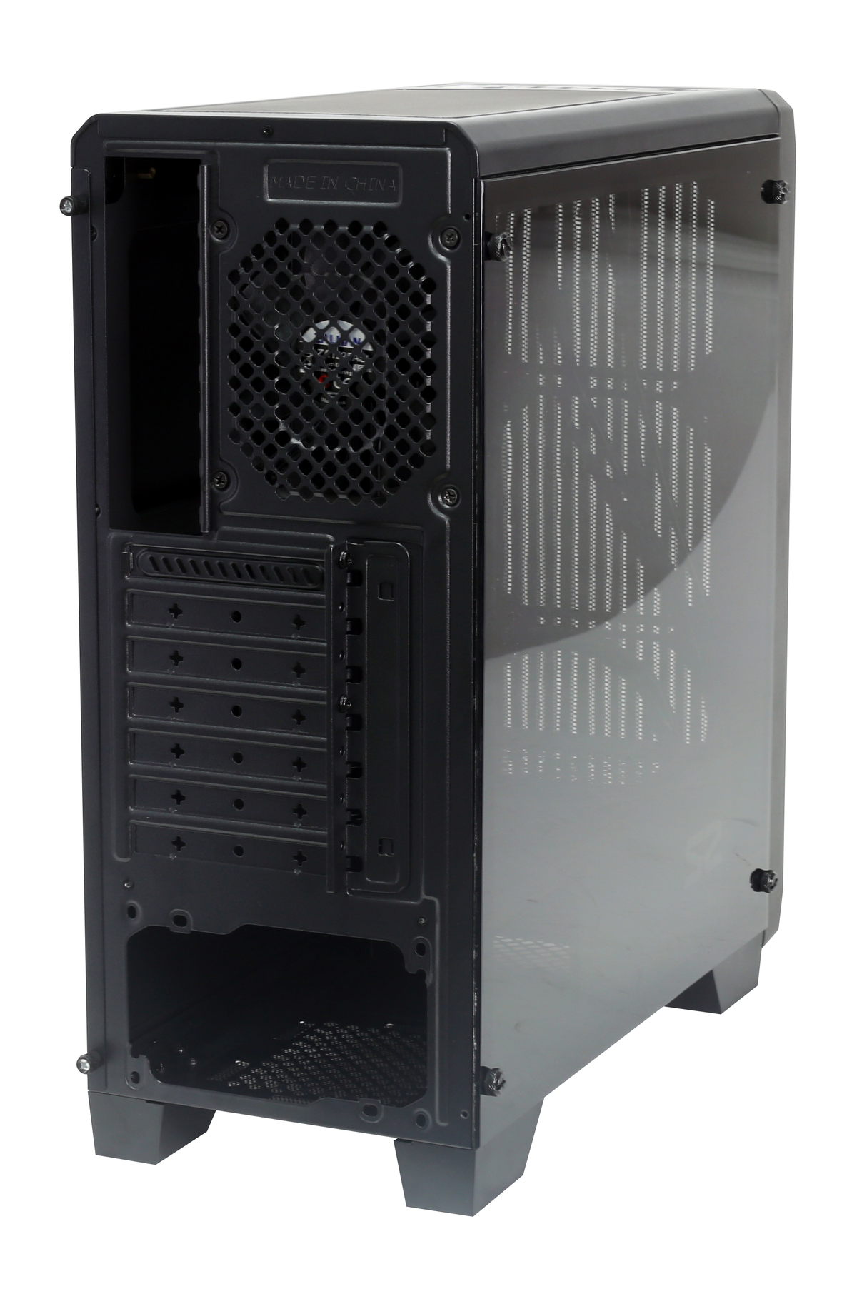 Schwarzes Computergehäuse, offen, mit Glas- und Rückwand.