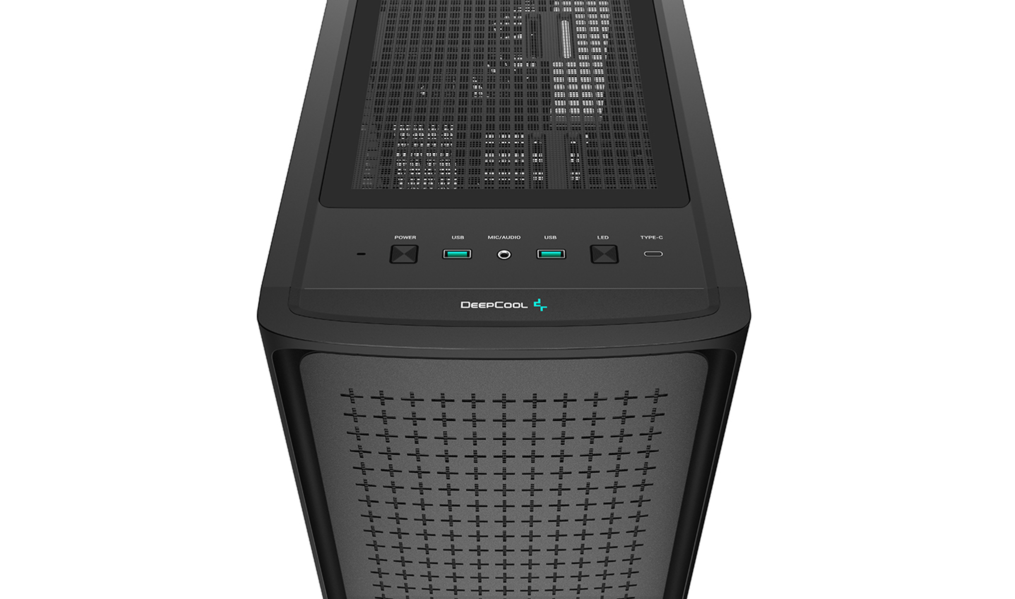 Widok z góry czarnej obudowy komputera. Posiada porty zasilania, USB i Type-C oraz górę z siatki.