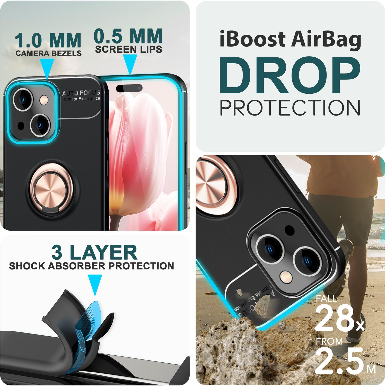Funda negra para teléfono con soporte de anillo. Incluye biseles de cámara, bordes de pantalla y protección contra caídas.
